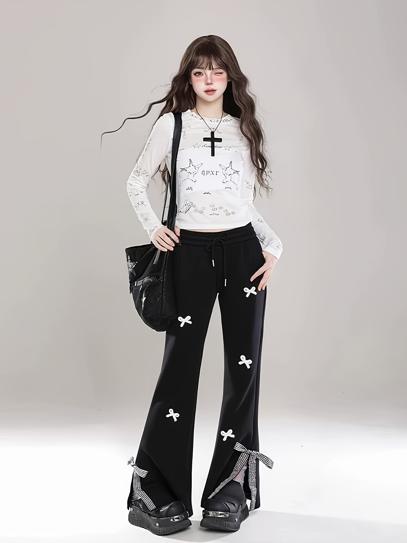 【全店30％OFF引き換え証があり】【仕掛地雷系】シュロの葉 広広としたズボン下 レディース 片方細長い切口 ズボン ロングズボン下 量産型 韓国 表どおり Y2K ボトムス 裾細長い切口 リボン結び プルオーバー たわい無い 酉の方角天然ゴム ドロ同盟罷工 体型押しかぶせる 着痩せ 脚長 美