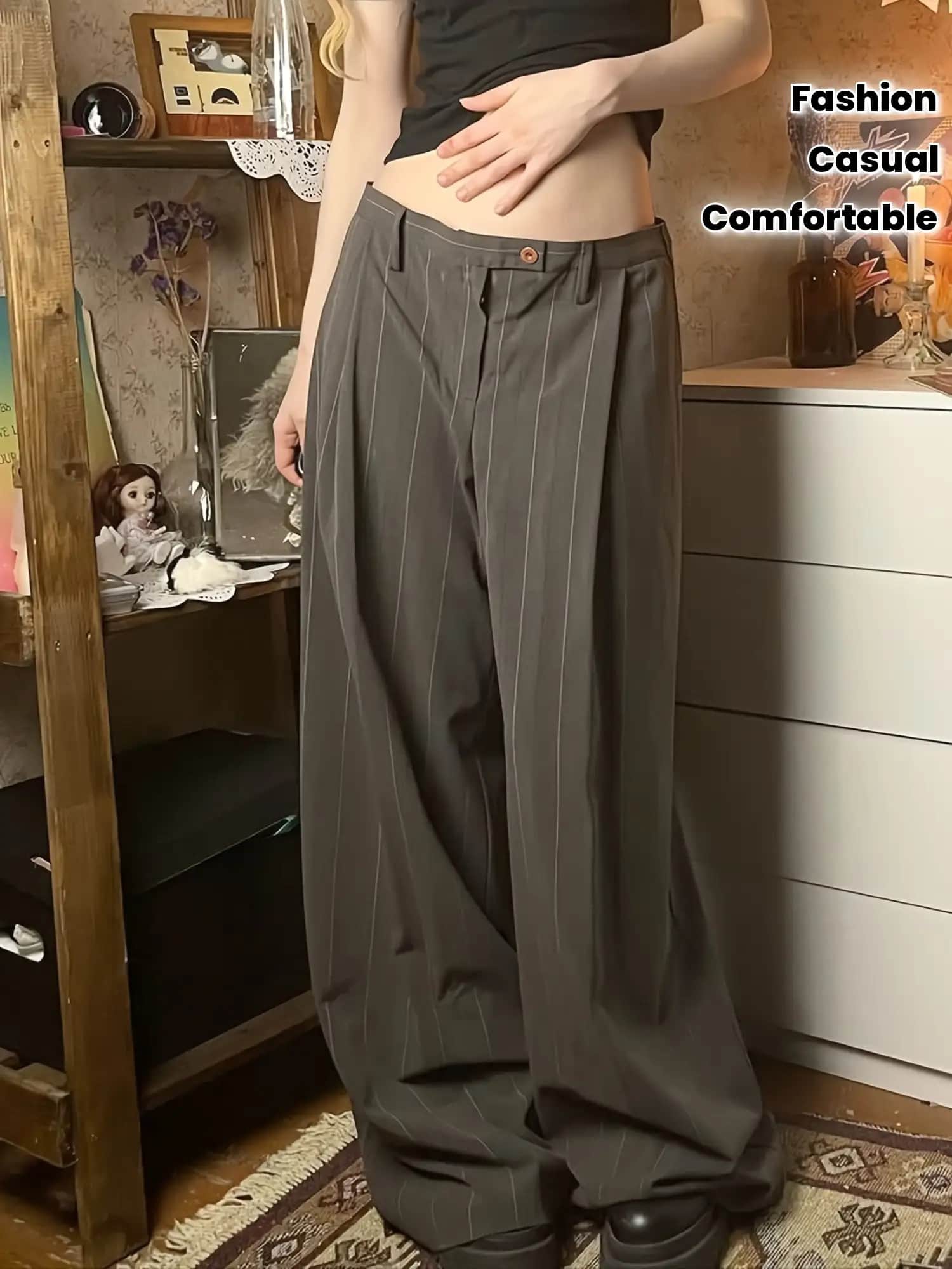 【全店30%OFFクーポンがあり】【マニッシュ】ワイドパンツ レディース スラックス ストライプ ピンストライプ ローウエスト タックパンツ ズボン ロングパンツ ストレートパンツ 縦縞 ボトムス カジュアル きれいめ モード系 体型カバー 着痩せ|大森麗萱