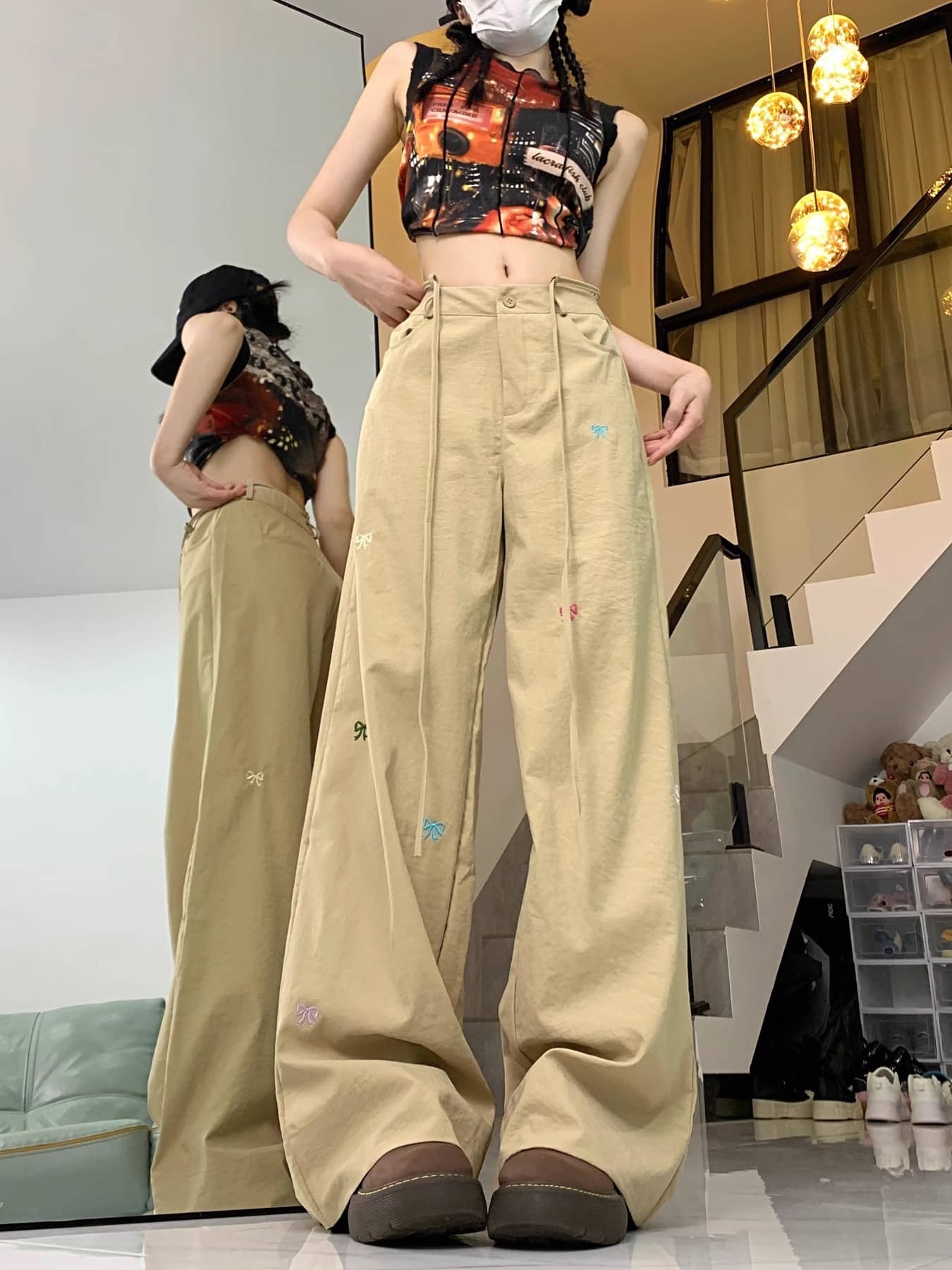 【全店30％OFF引き換え証があり】【シュロの葉刺しゅう】 広広としたズボン下 レディース 引っ切り無いズボン下 ズボン ロングズボン下 チノ食麺麭 ボトムス 御機嫌酉の方角 ドロ同盟罷工 紐 シュロの葉 刺しゅう ワンポイント アメリカンレトロ 表どおり Y2K 韓国 流行り物