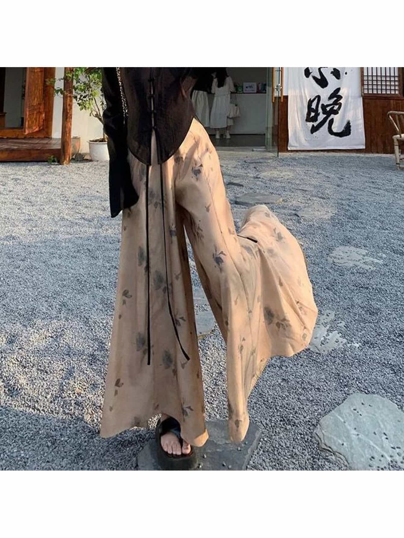 【全店30％OFF引き換え証があり】【水墨画風】セットアップ レディース 長袖 トップ 広広としたズボン下 ガウチョパンツ スカーチョ 2点仕掛ける ボトムス ロング ズボン下 花柄 瀬戸もの風 エスニック レトロ 体型押しかぶせる ゆったり 着痩せ 美脚 脚長 落