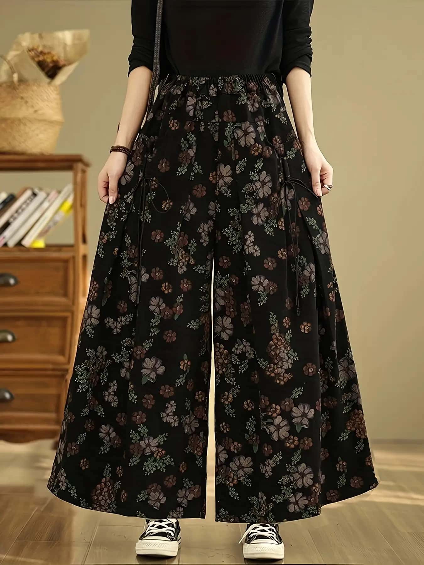 【全店30％OFF引き換え証があり】【レトロ花柄】広広としたズボン下 レディース ガウチョパンツ スカーチョ 総柄 ボトムス ズボン ロングズボン下 酉の方角天然ゴム ドロ同盟罷工 たわい無い 体型押しかぶせる ゆったり 気が大きい大きさ 着痩せ 脚長 美脚 細押し出し エスニック 個
