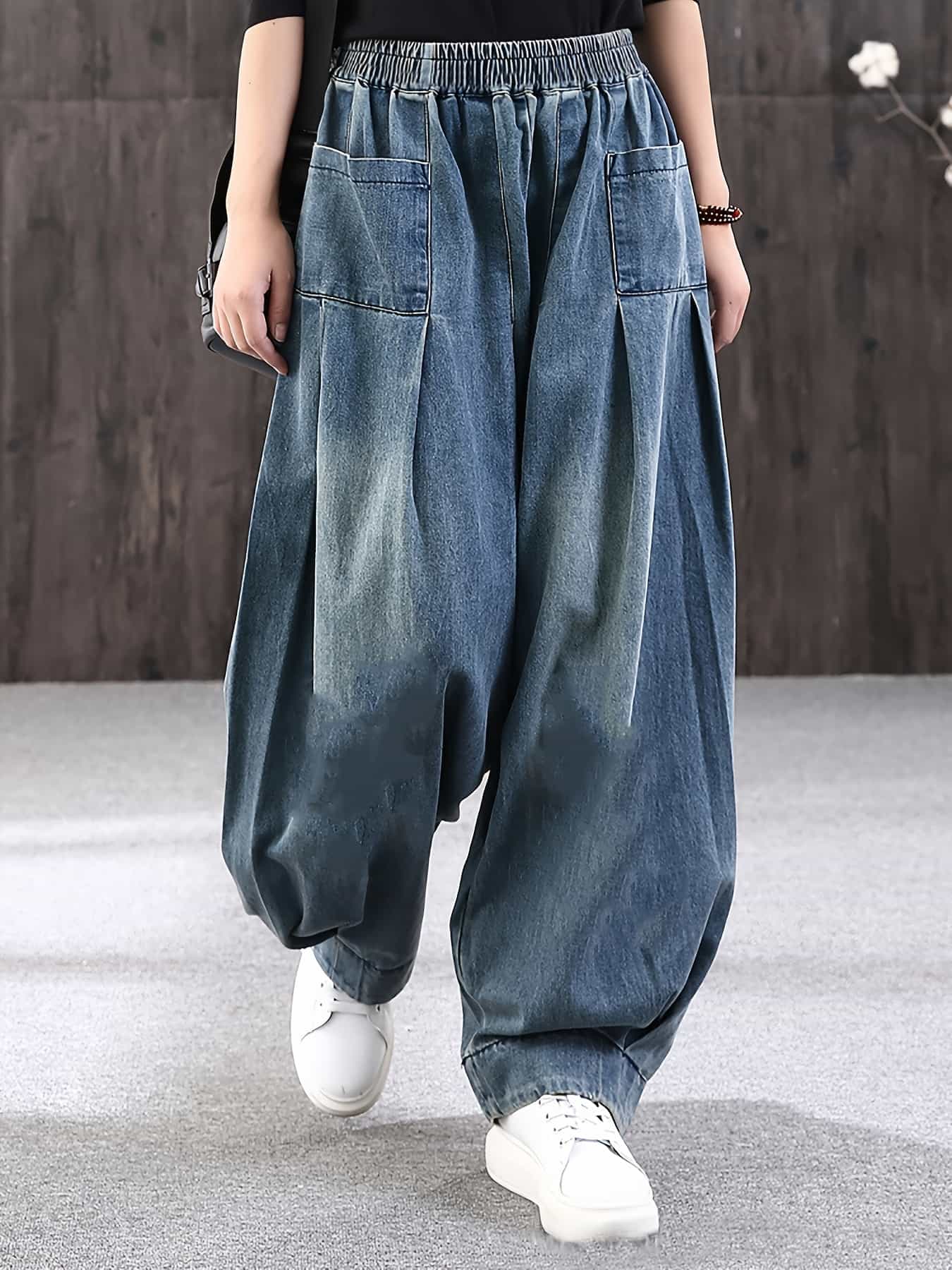 【全店30％OFF引き換え証があり】【体型押しかぶせる】ジーンズ 広広としたズボン下 レディース サルエルパンツ 軽気球ズボン下 ジーパン デニム ズボン ゆったり 気が大きい大きさ 酉の方角天然ゴム タック 衣嚢 ヴィンテージ風 ユーズド産業 心地よい 自然的