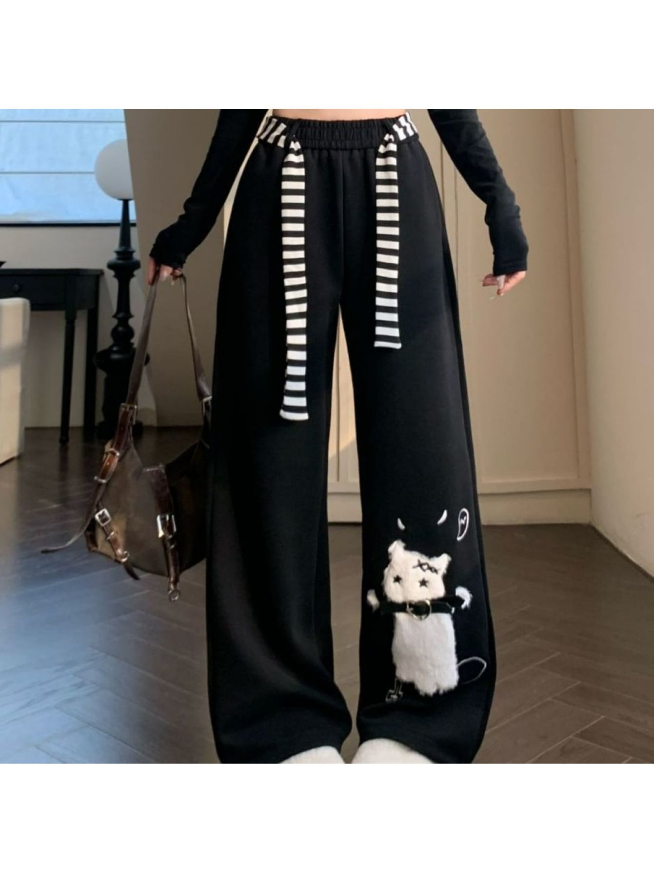 【全店30％OFF引き換え証があり】【立体的な猫】 広広としたズボン下 レディース スウェットパンツ 猫 縫い ねこ 紋章 イージーパンツ ズボン 酉の方角天然ゴム 間借り人 紐 シュロの葉 ゆったり 体型押しかぶせる 着痩せ たわい無い 美脚 お部屋着 お部屋お召しもの