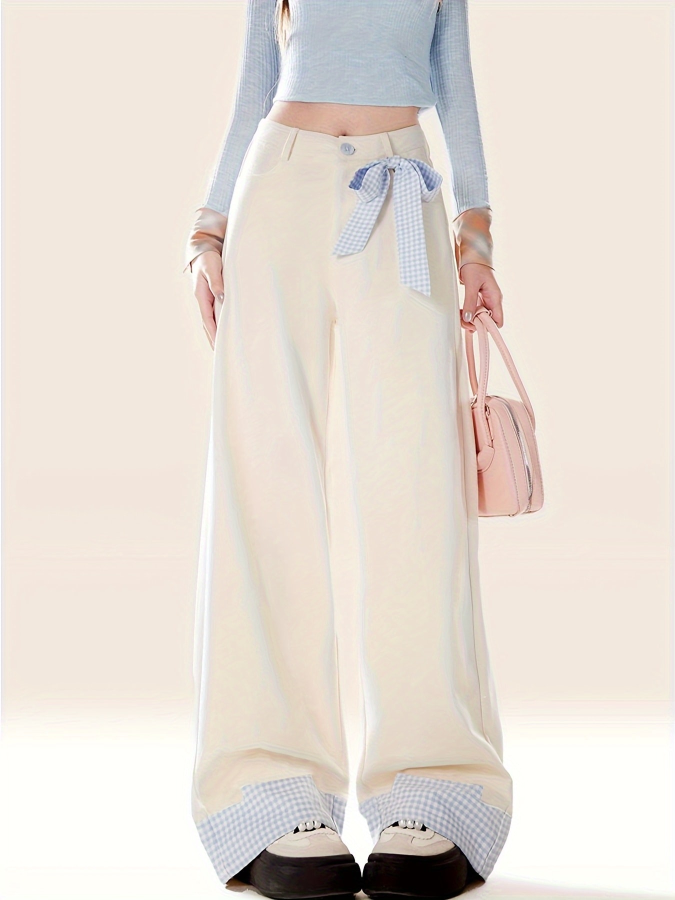 【全店通用25%OFFクーポン】【大人可愛い】ワイドパンツ レディース リボン チェック柄 ギンガムチェック 切り替え ハイウエスト ズボン ボトムス ロングパンツ ガウチョパンツ バギーパンツ ゆるパン ダボパン 体型カバー 着痩せ 脚長 美脚 ゆ|大森麗萱