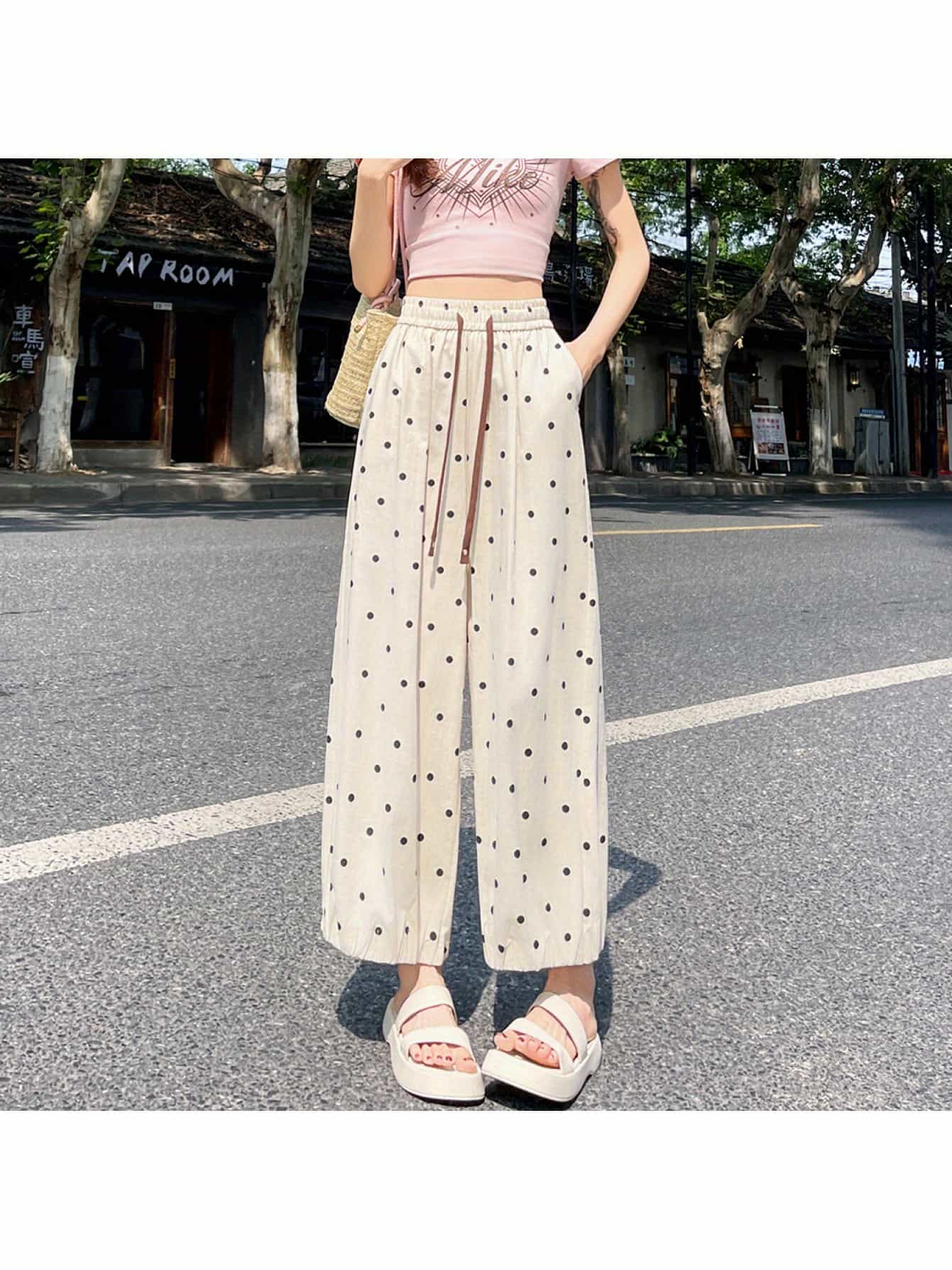【全店30％OFF引き換え証】【当たること冷感】広広としたズボン下 点点柄 レディース 水玉 ボトムス ズボン 9分丈 クロップドパンツ 御機嫌酉の方角 酉の方角天然ゴム 冷やりとした ゆったり 体型押しかぶせる 着痩せ 脚長成り行き リネン触れ合う 麻混風 ガウチョパンツ イージーパ