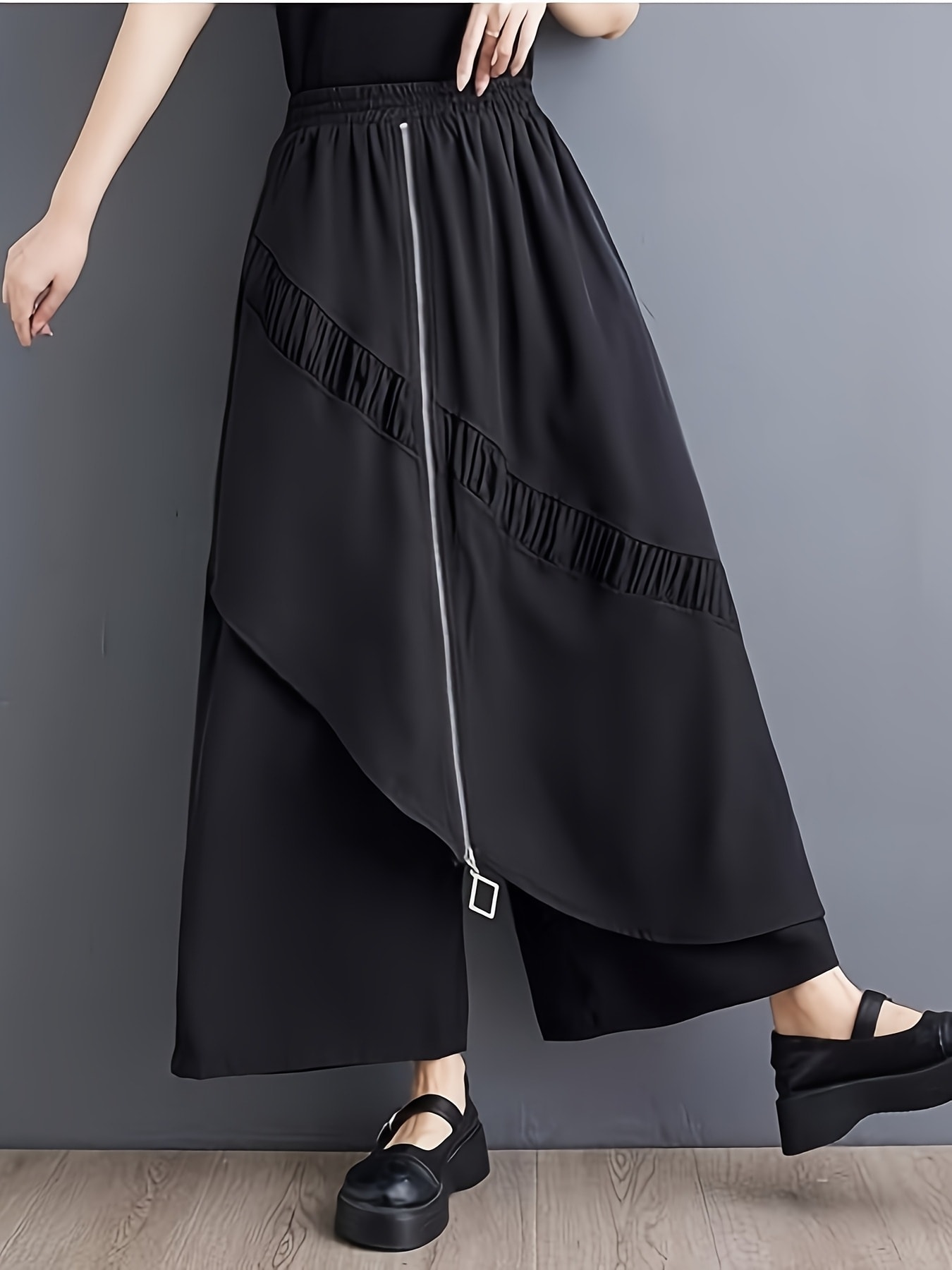【全店通用25%OFFクーポン】【モードな変形デザイン】ワイドパンツ レディース ガウチョパンツ 袴パンツ アシンメトリー フロントジップ フロントファスナー ギャザー ウエストゴム ズボン 9分丈 体型カバー 着痩せ 細見え ゆったり 楽ちん きれ|大森麗萱