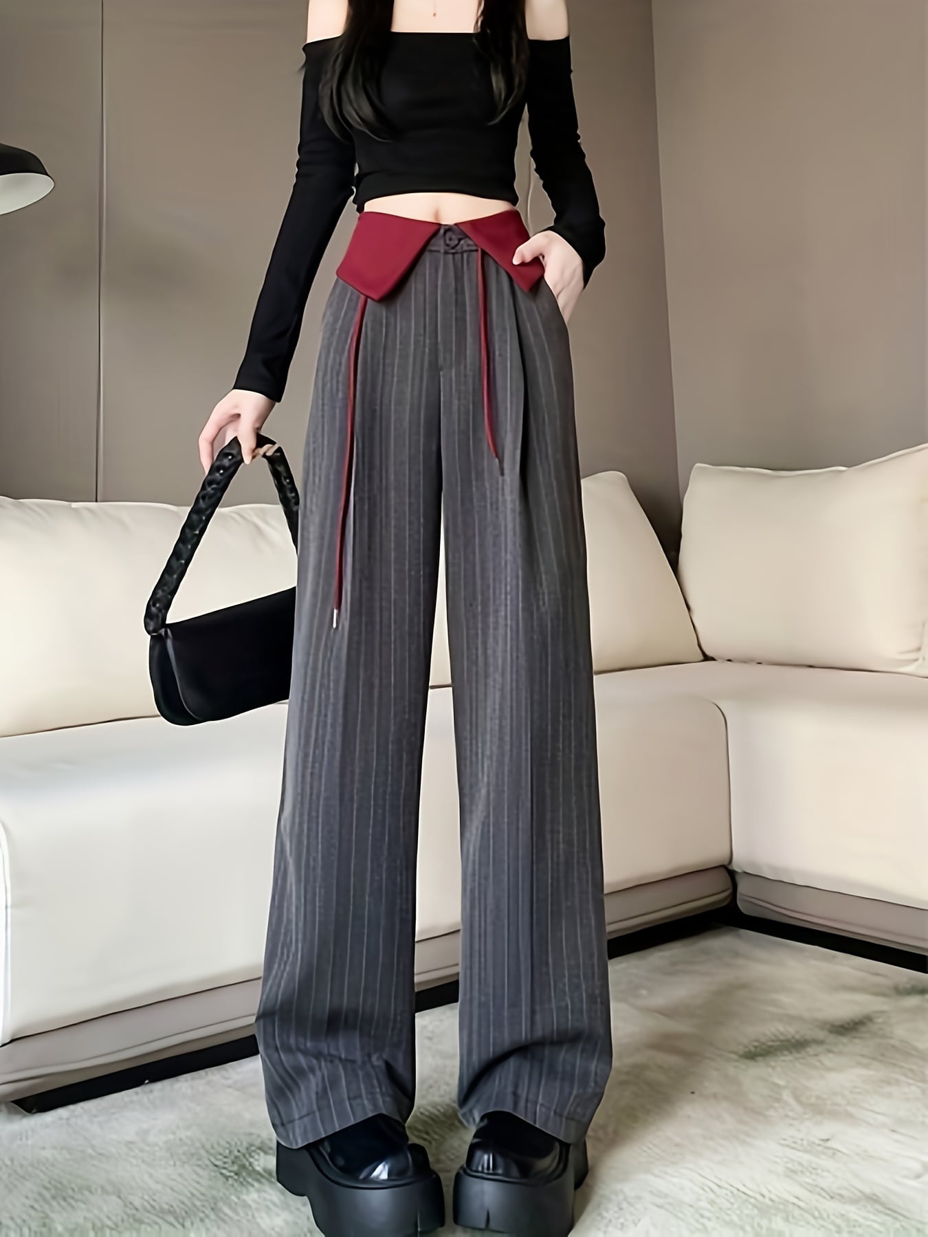 【全店30％OFF引き換え証】【色彩設計青写真】広広としたズボン下 レディース 縞模様ズボン下 御機嫌酉の方角 スラックス バギーパンツ ズボン ロングズボン下 盛りだくさんレングス タック ボトムス 好いたらしいめ 真っただ中押し付ける風 脚長 美脚 体型押しかぶせる 着痩せ 20代