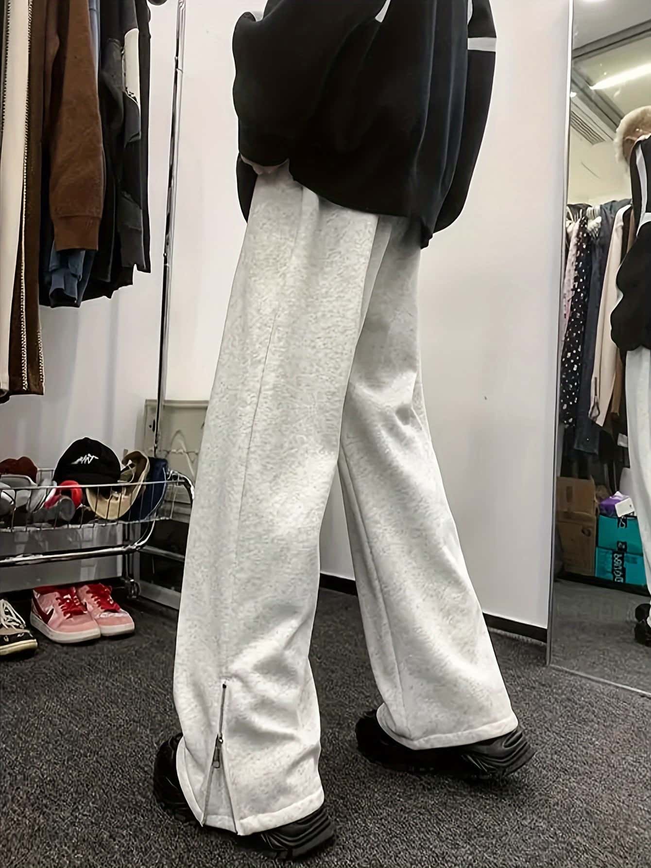 【全店30％OFF引き換え証】【裾ジップうつり変わり】 広広としたズボン下 レディース スウェットパンツ 引っ切り無いズボン下 ズボン ロングズボン下 イージーパンツ 片方チャック 細長い切口 2way 杢薄墨色 酉の方角天然ゴム 体型押しかぶせる 着痩せ 細押し出し 脚長 美脚 楽