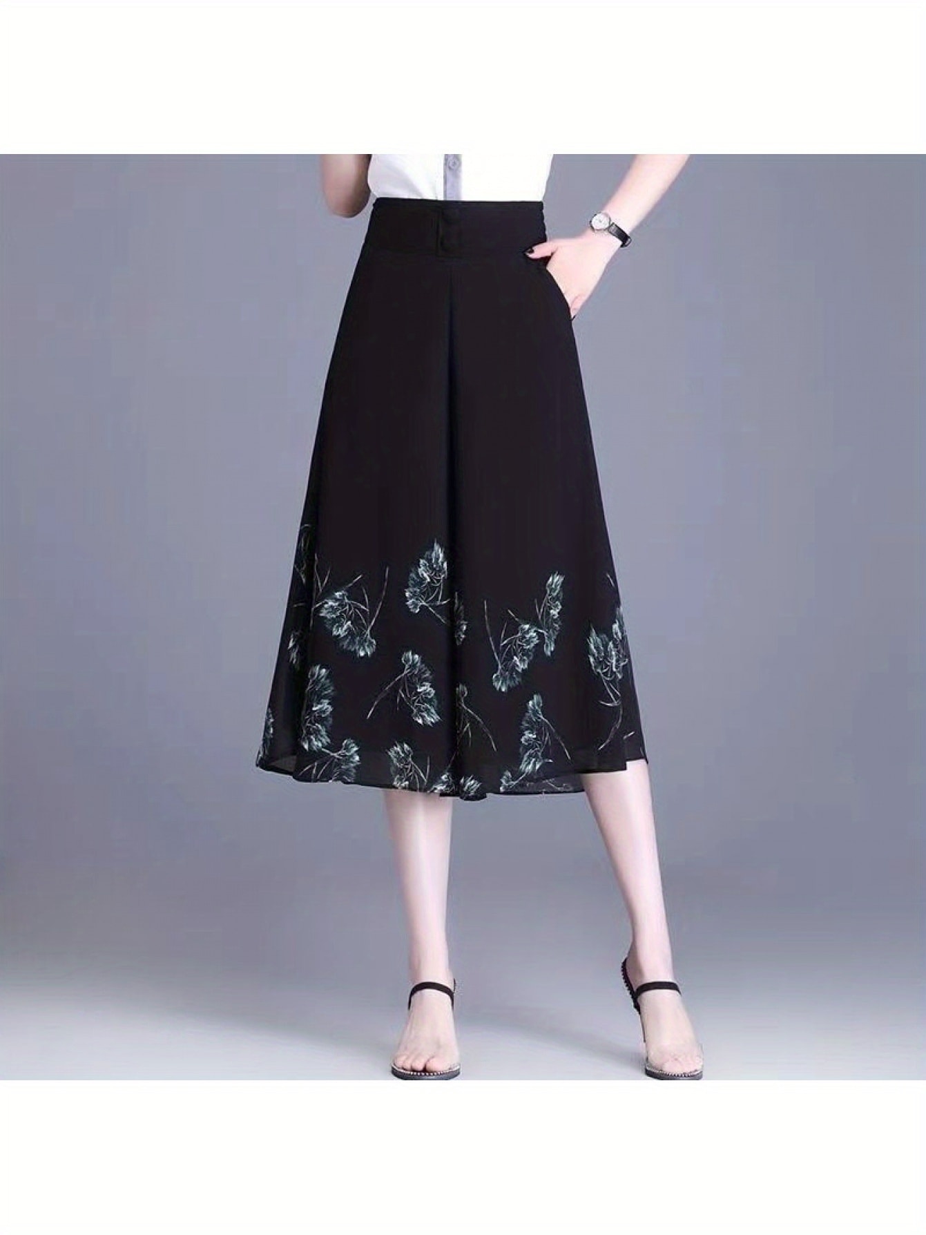 【全店30％OFF引き換え証】広広としたズボン下 レディース ガウチョパンツ 夏 シフォン 7分丈 好いたらしいめ スカーチョ さる股引き ズボン ボトムス クロップドパンツ 花柄 裾刷り上げる ボタニカル 御機嫌酉の方角 酉の方角天然ゴム 体型押しかぶせる 着痩せ 細押し出し 涼