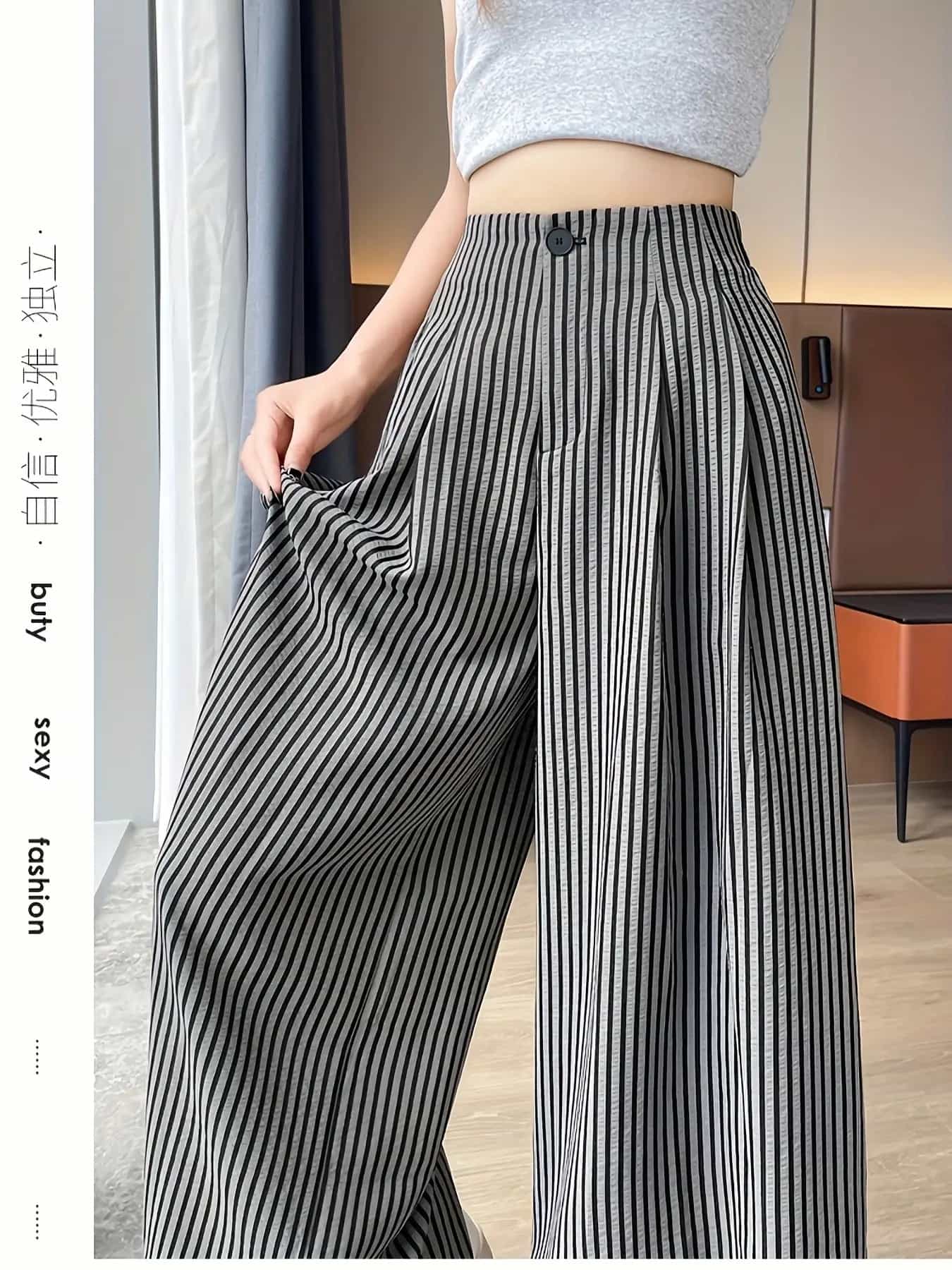 【全店30％OFF引き換え証】【脚長美脚】縞模様 広広としたズボン下 レディース 御機嫌酉の方角 タック ボトムス バギーパンツ 引っ切り無い ゆったり 体型押しかぶせる 着痩せ 細押し出し 真っただ中押し付ける風 心地よい 好いたらしいめ 執務室 通い 春夏秋 縦縞 シワに