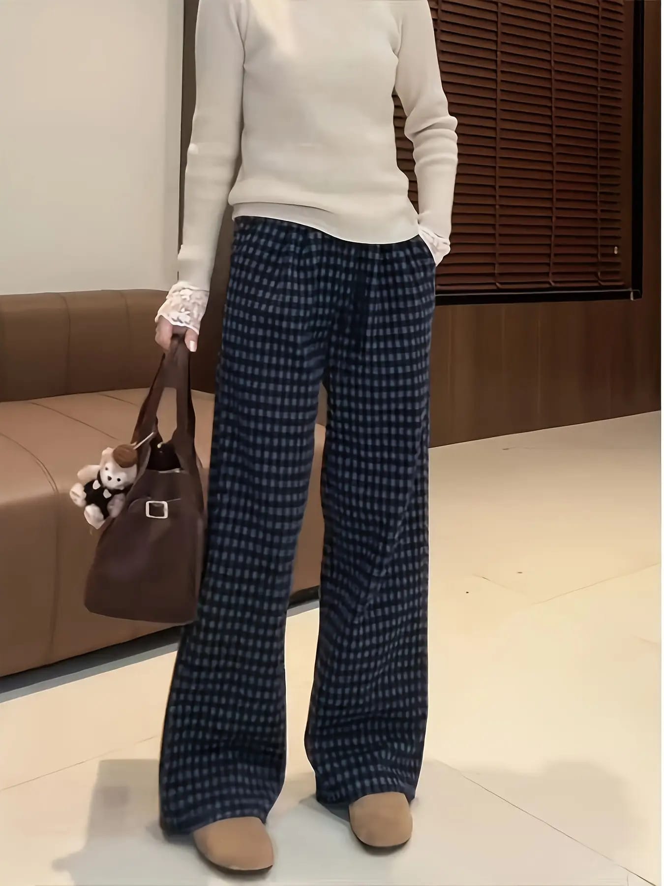 【全店30％OFF引き換え証】【体型押しかぶせる】広広としたズボン下 読み合わせる柄 レディース 御機嫌酉の方角 ツィード風 差しつかえる読み合わせる ギンガム ズボン ボトムス ロングズボン下 引っ切り無い ゆったり 酉の方角天然ゴム たわい無い 着痩せ 脚長 美脚 細押し出し 洗える シワ