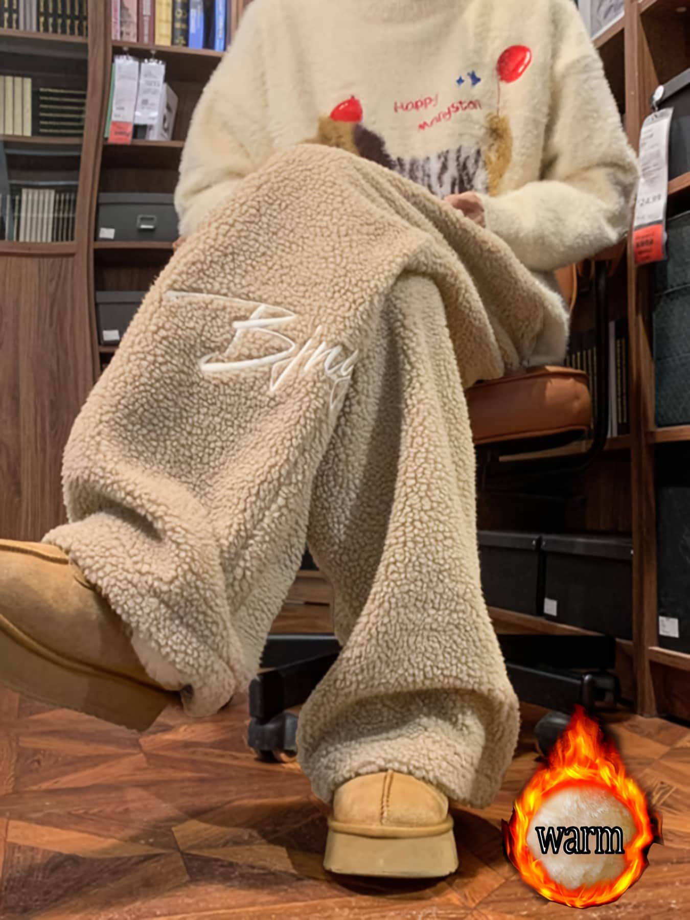【全店通用25%OFFクーポン】【もこもこ暖か】ボアパンツ レディース 裏ボア ワイドパンツ ストレート ズボン ロングパンツ イージーパンツ スウェット ロゴ 刺繍 英字 厚手 防寒 保温 冬 暖かい あったか ウエストゴム 楽ちん ゆる リラック|大森麗萱