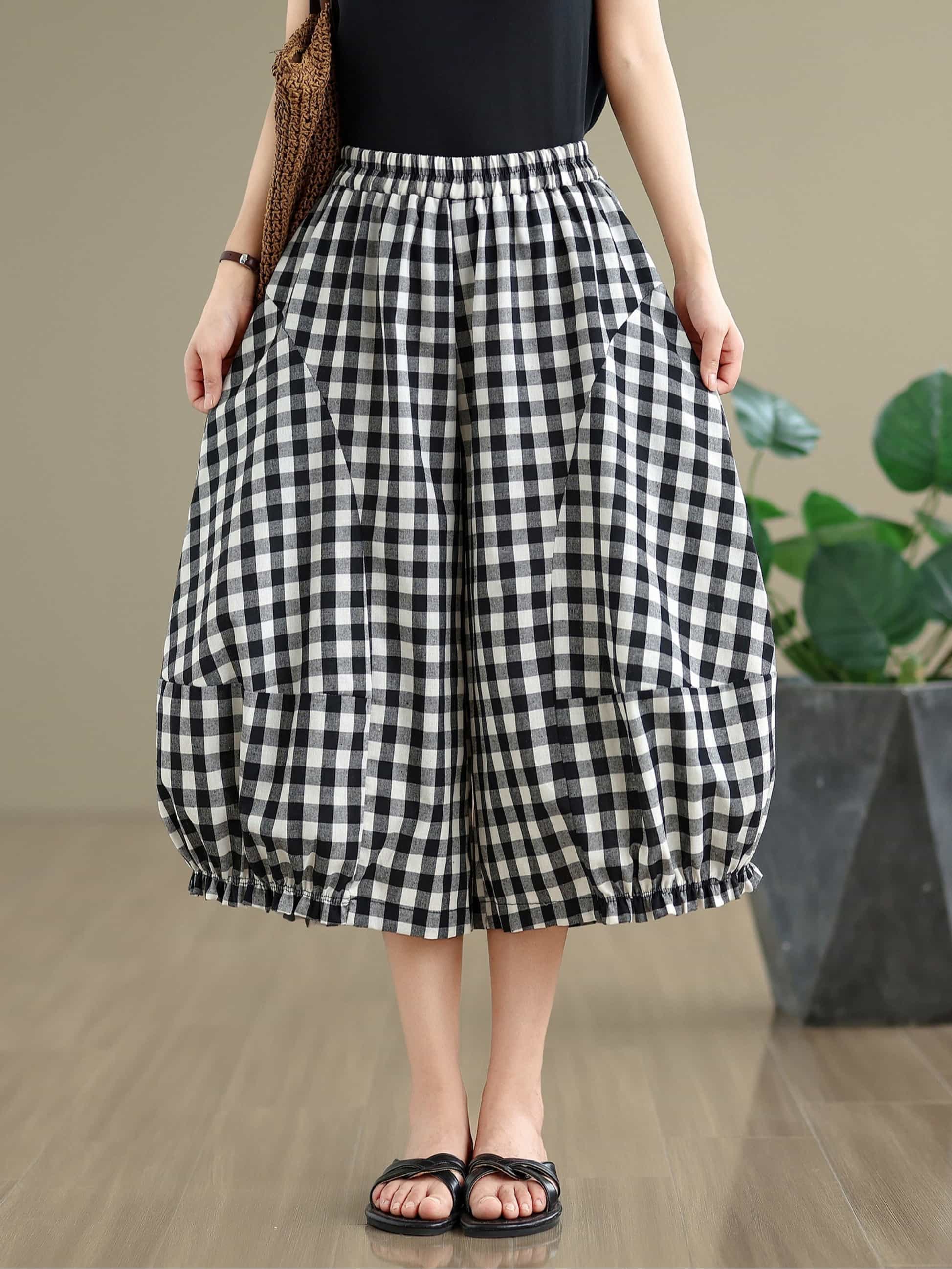【全店通用25%OFFクーポン】【大人可愛い】チェック柄 ワイドパンツ バルーンパンツ レディース ギンガムチェック 裾絞り コクーンパンツ ボトムス ズボン ロング サルエルパンツ ガウチョ ウエストゴム 楽ちん ゆったり 体型カバー 着痩せ 下半|大森麗萱