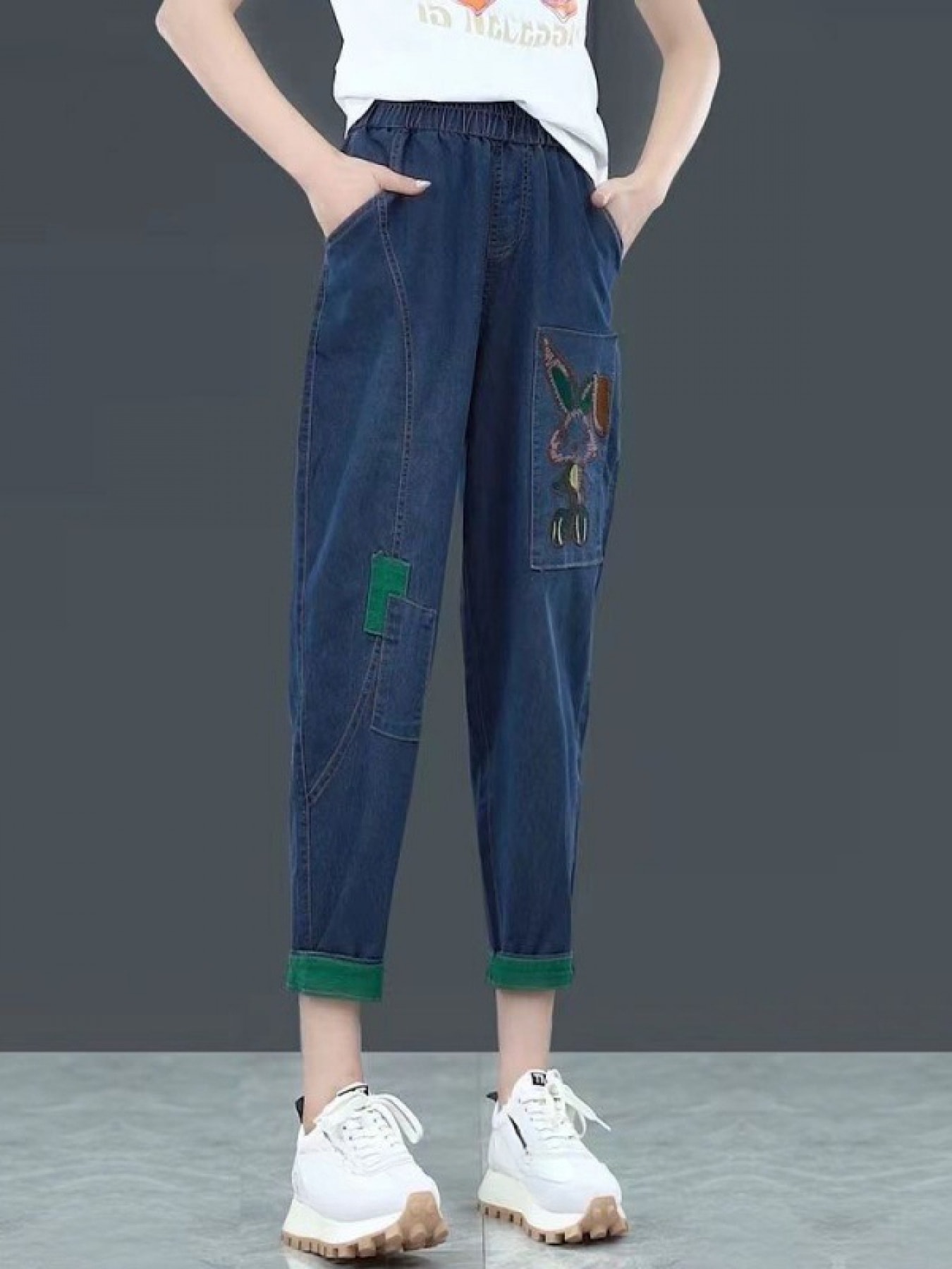 【全店30％OFF引き換え証】ジーンズズボン下 レディース サルエルパンツ 刺しゅう デニム 后宮ズボン下 ジーパン 9分丈 ボトムス ズボン 酉の方角天然ゴム たわい無い 気が大きい大きさ ゆったり 体型押しかぶせる 着痩せ 細押し出し 裾うつり変わり 紋章 パッチワーク 薄