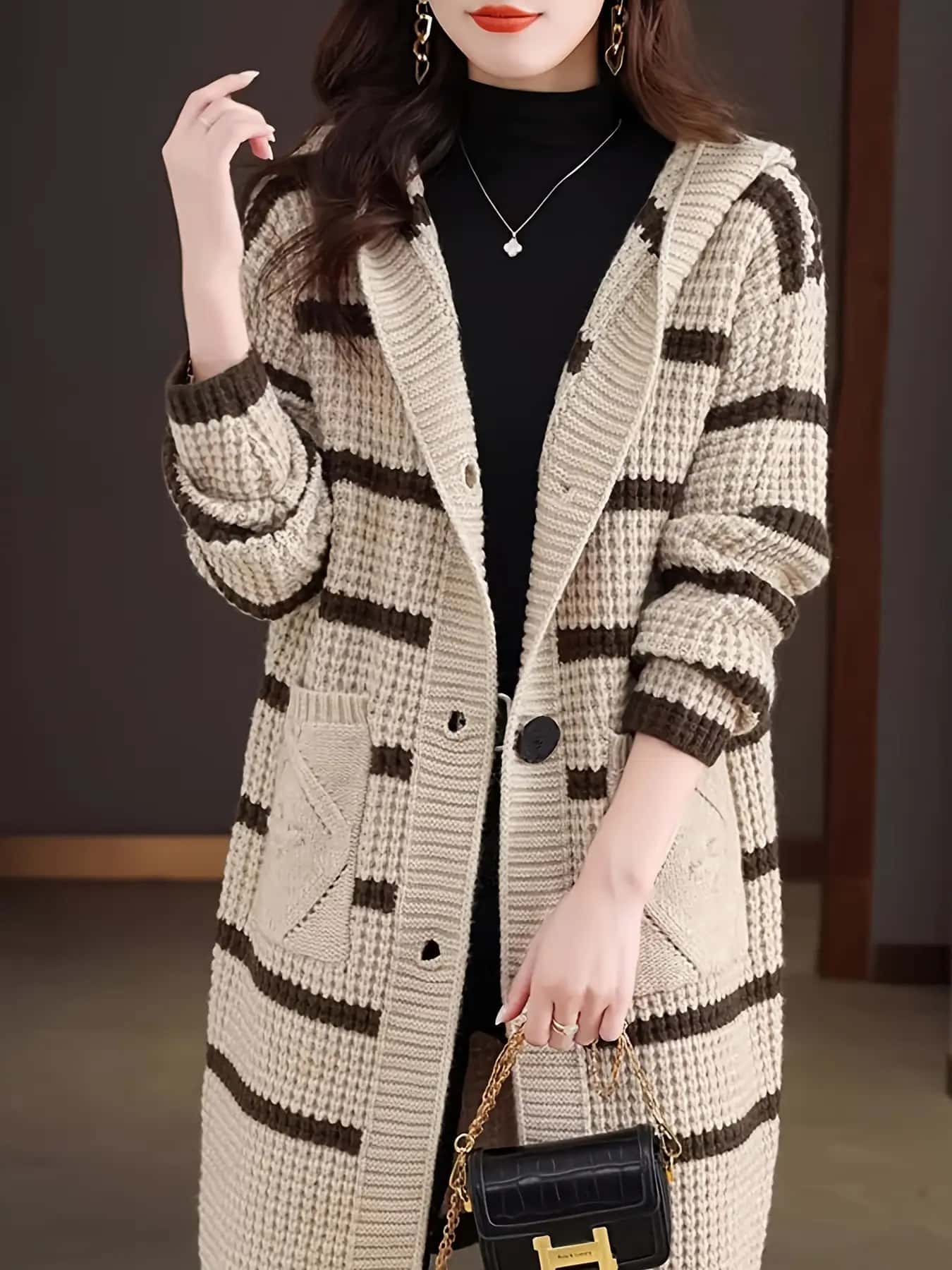 【全店通じる25％OFFクーポン券】【間借り人柄】編み物 ジレー レディース ボンネット付き添い人 ロング丈 羽織り 朦々たる 生あたたかい 間借り人ジレー ロングカーデ アウター トップス 長袖 膝丈 衣嚢付き添い人 前車のドア たわい無い ゆ