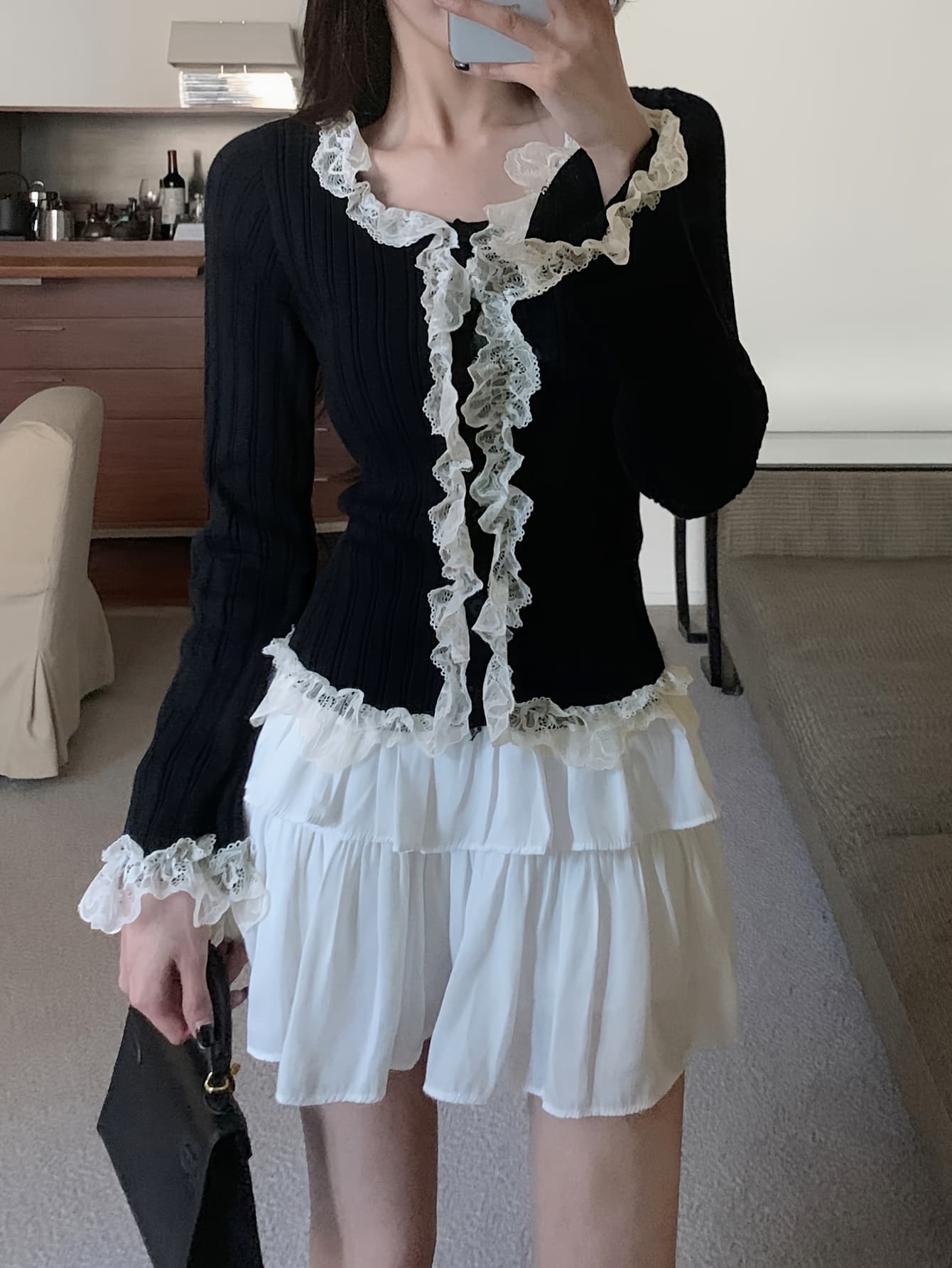 【今日このごろ制限事項、超買得30％OFFクーポン券、2度汐どき皆無】【フレンチガーリー】ジレー レディース 長袖 スピード競技 フラウンス バイ色合い 色彩設計 真四角のど首 編み物 ティーシャツ 羽織り 前車のドア 着痩せ 細押し出し きつい か細い 伸ばすこと パステル色の 大