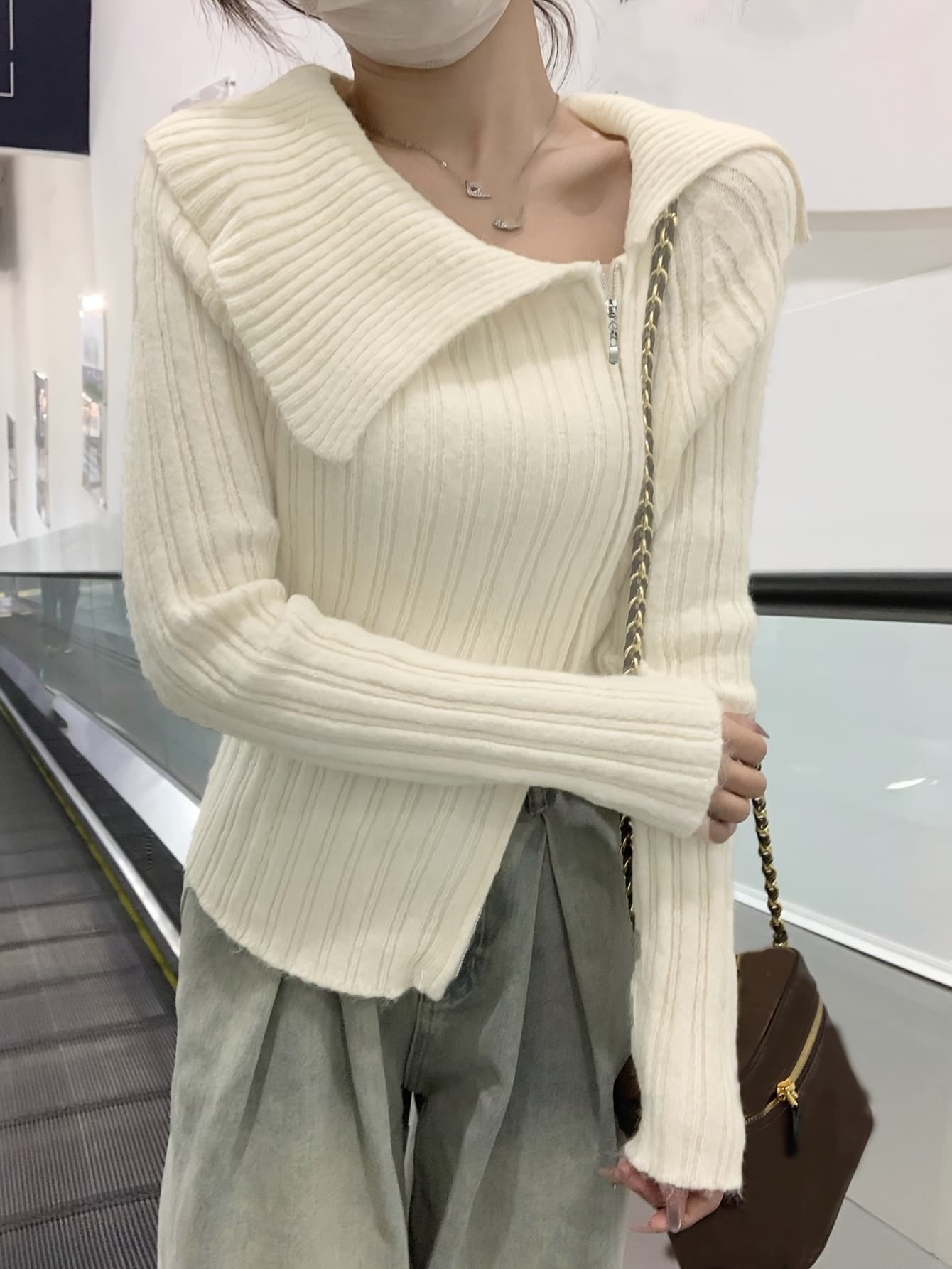 【今日このごろ押さえる、超買得30％OFF引き換え証、2度潮どき皆無】【アシメデザイン】編み物 ジレー レディース Wジップ プルオーバー 非対称 襟付き添い人 リブニット 長袖 前くい違い 羽織り 無地 きつい か細い 細見せかけ 着痩せ 伸縮性 伸ばすこと 韓国