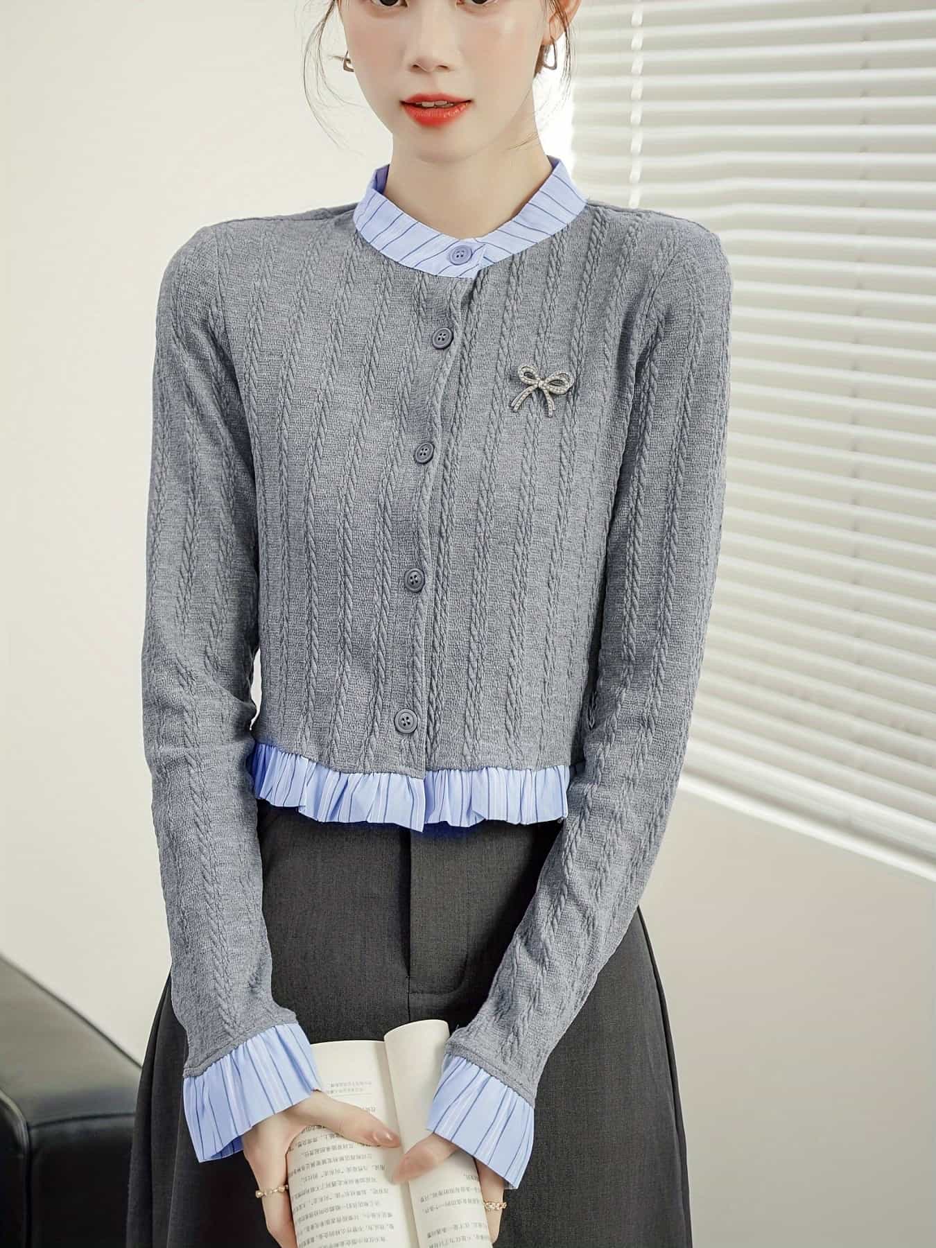 【今日このごろ制限事項、超買得30％OFFクーポン券、2度汐どき皆無】【重ね着風】ジレー レディース 編み物 花の冠yd ティーシャツ襟 縞模様 有線テレビ編み物 フェイクレイヤード 縛 トップス ティーシャツ 長袖 襟付き添い人 トップ 異原料品 うつり変わり 裾