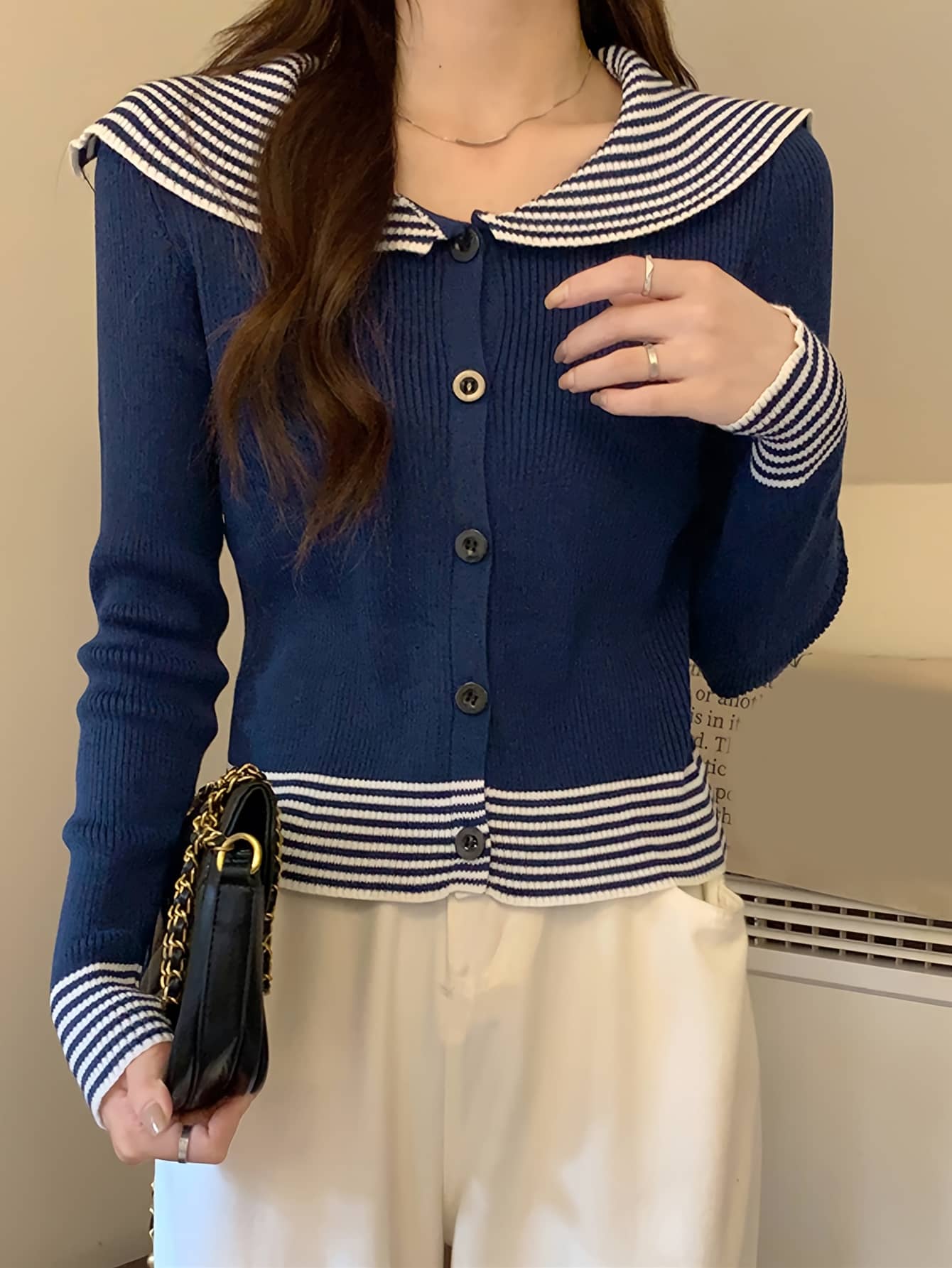 【今日このごろ制限事項、超買得30％OFF引き換え証、2度潮合い皆無】【乗り組み員色合い】ジレー レディース 編み物 トップス 間借り人 色彩設計 うつり変わり スウェーター 前食い違い 名取り草 長袖 リブニット 羽織り 襟付き添い人 ビッグ色合い 間借り人柄 紺 米国海軍 ホワ