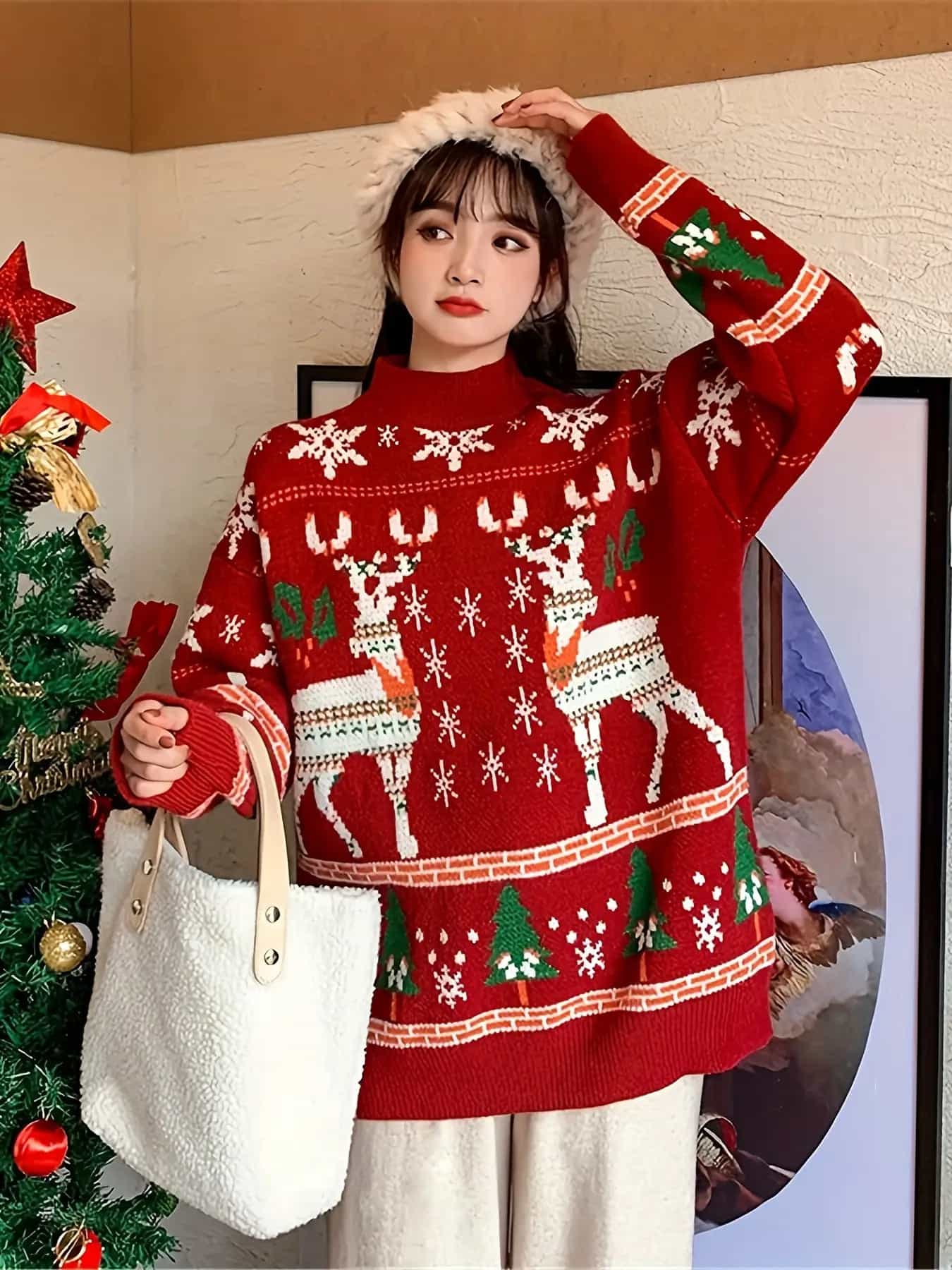 【全店通用25%OFFクーポン】クリスマス セーター レディース ニット トップス トナカイ柄 ハイネック プルオーバー 長袖 ゆったり オーバーサイズ ビッグシルエット 体型カバー 着痩せ ノルディック柄 雪の結晶 総柄|大森麗萱
