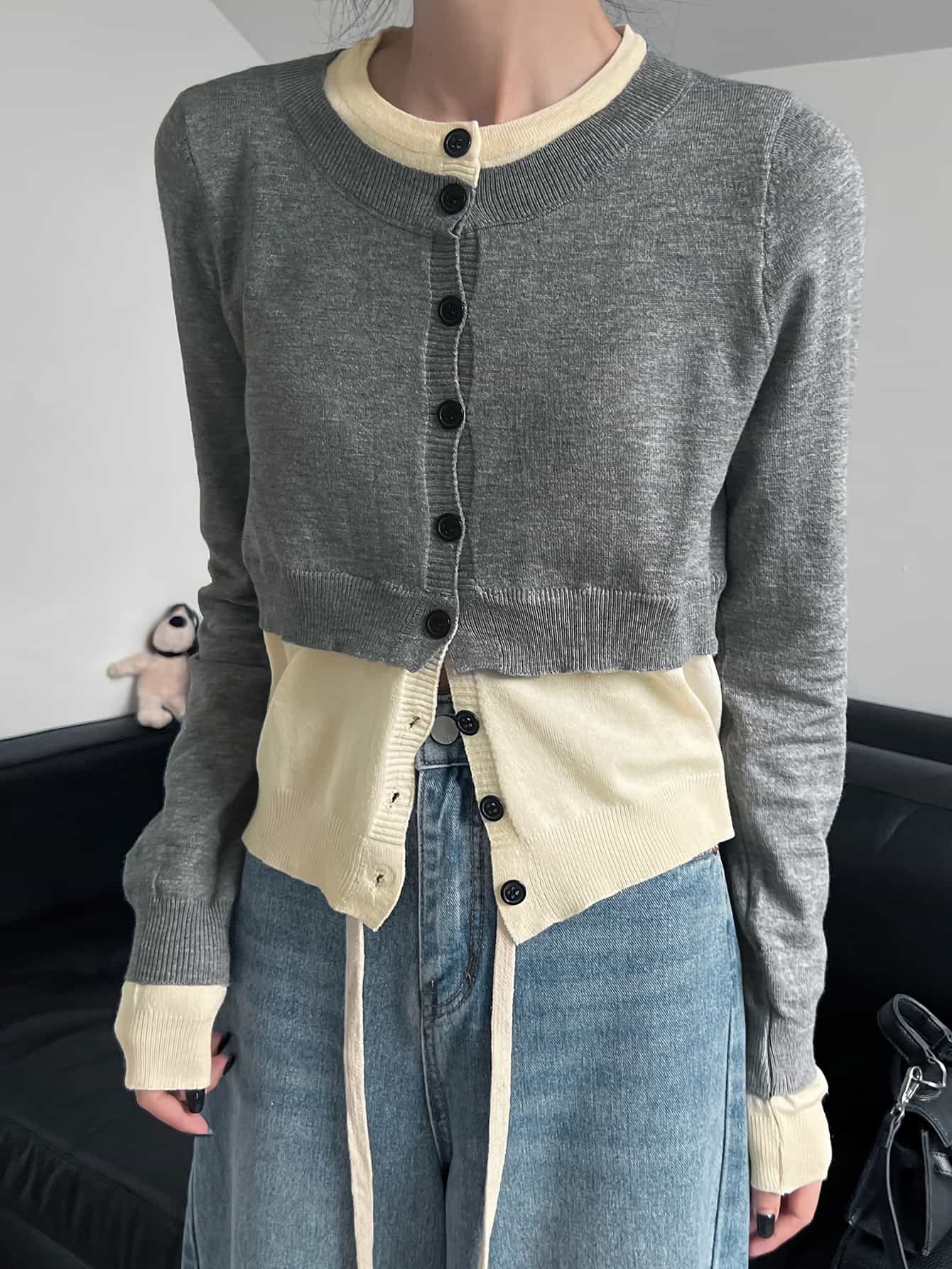 【今日このごろ押さえる、超買得30％OFF引き換え証、2度潮どき皆無】【花の冠yd風】ジレー レディース 編み物 トップス 長袖 労働者の一団のど首 色彩設計 重ね着風 フェイクレイヤード バイ色つや 丸首 羽織り か細い パウダーコンパクト 遊撃手丈 事務服 事務室