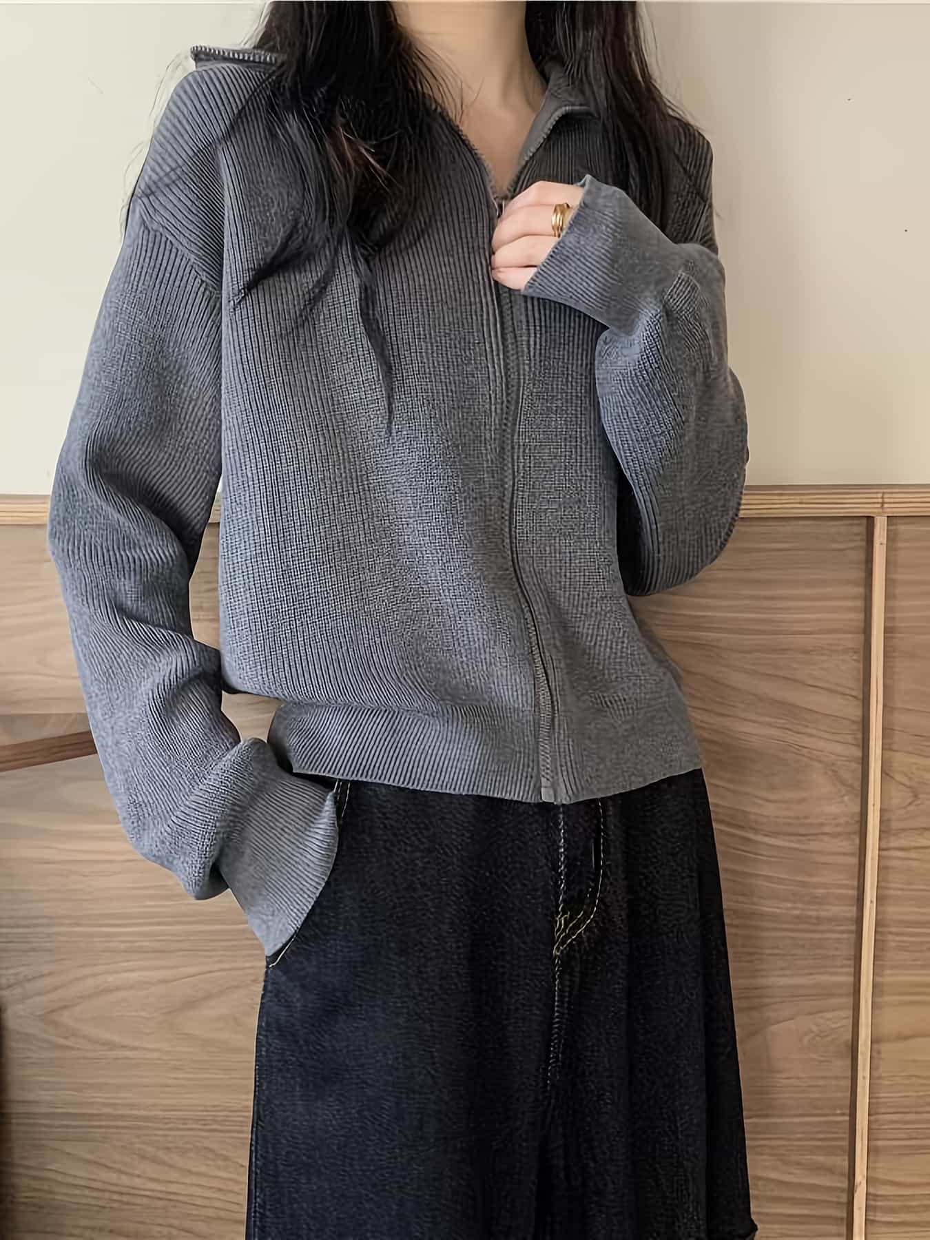 【今日このごろ制限事項、超買得30％OFF引き換え証、2度潮合い皆無】【ヴィンテージ風】編み物 ジレー レディース ジップアップ トップス スウェーター 長袖 襟付き添い人 フルジップ 畦編み 肋材 編み物上衣 羽織り ライトアウター 心地よい 好いたらしいめ 大