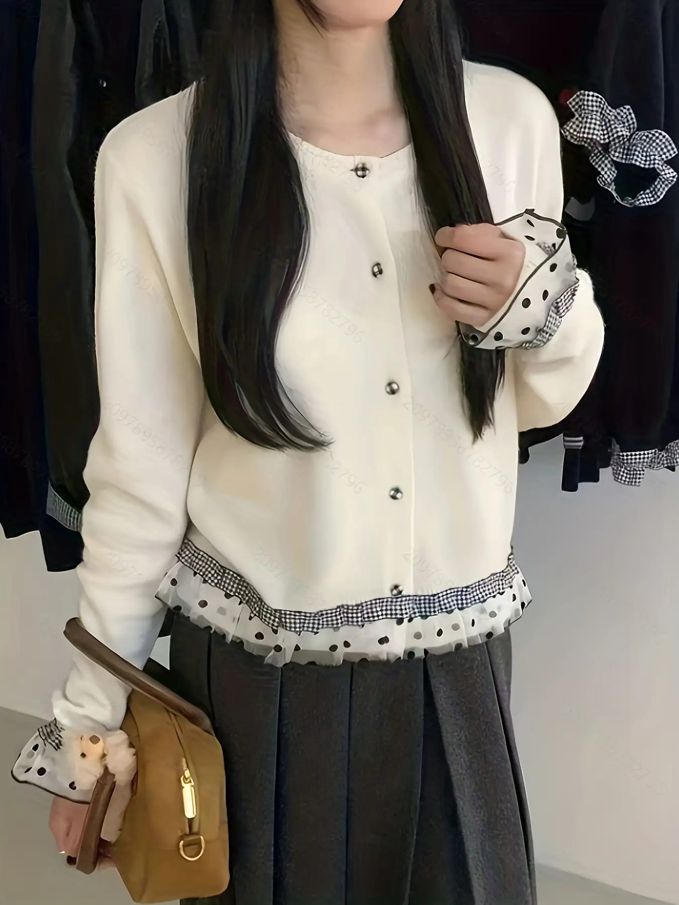 【今日このごろ制限事項、超買得30％OFF引き換え証、2度潮合い皆無】【点点柄 チュール】 編み物 ジレー レディース トップス 長袖 異原料品 うつり変わり ギンガム読み合わせる 労働者の一団のど首 羽織り 前食い違い 名取り草 ゆったり 体型押しかぶせる 着痩せ 細押し出し 成年者好いたらしい
