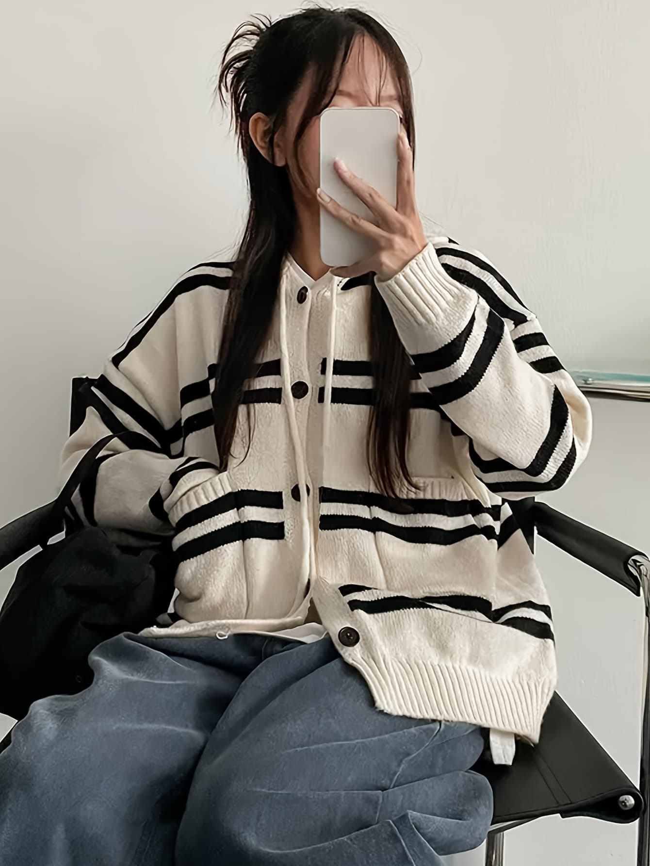 【今日このごろ制限事項、超買得30％OFFクーポン券、2度汐どき皆無】【ゆるカワ】 間借り人 ジレー レディース 編み物 パーカー ボンネット付き添い人 羽織り トップス ティーシャツ 長袖 色彩設計 縞模様 ゆったり ビッグ影ぼうし 大層らしい大いさ 体型取りまかなう 着痩
