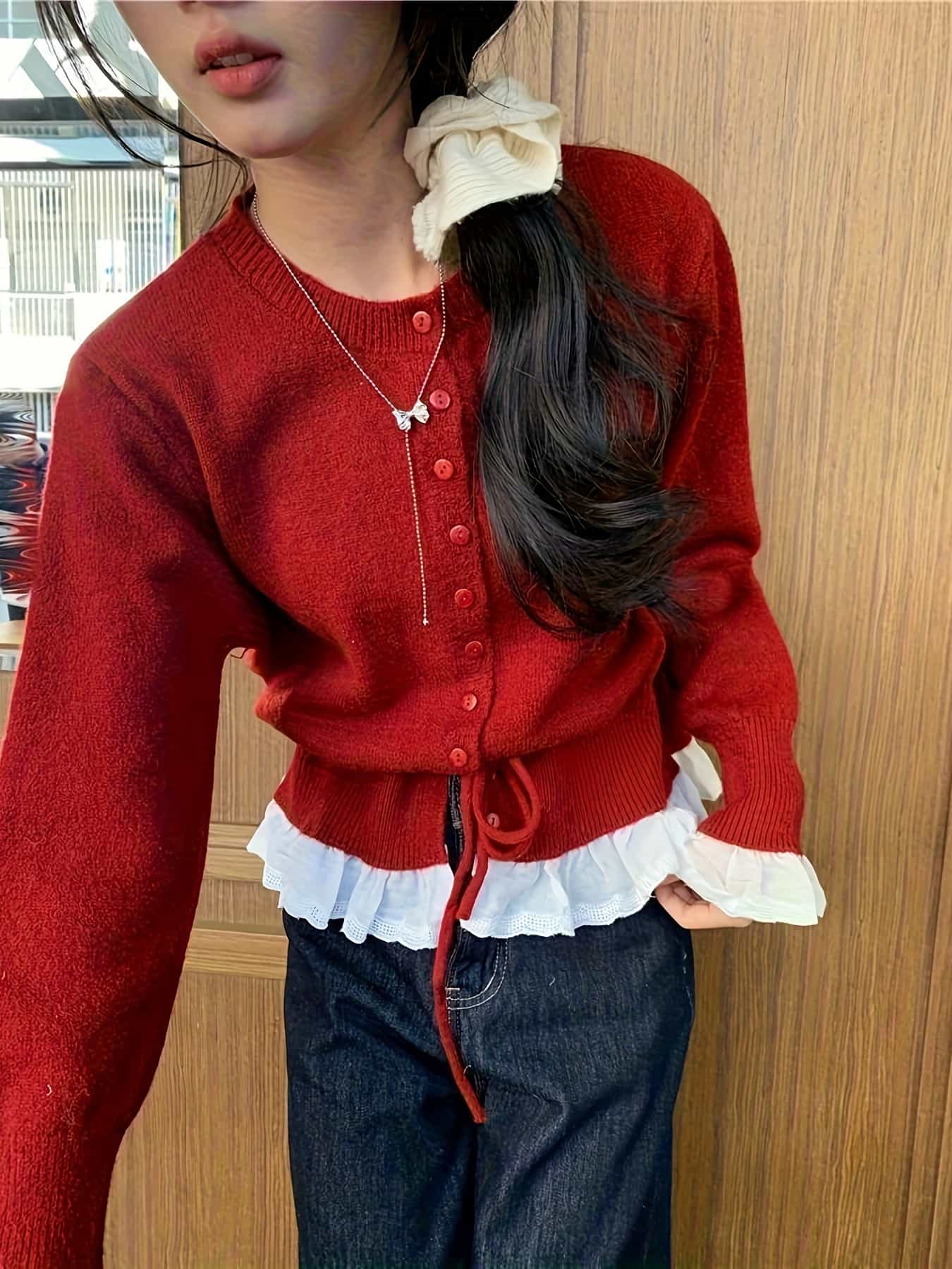 【今日このごろ制限事項、超買得30％OFF引き換え証、2度潮合い皆無】【花の冠yd風】ジレー レディース 編み物ジレー フェイクレイヤード 重ね着風 トップス 労働者の一団のど首 丸首 長袖 編み物 スウェーター 前食い違い 酉の方角目じるし ドロ同盟罷工 裾フラウンス 切