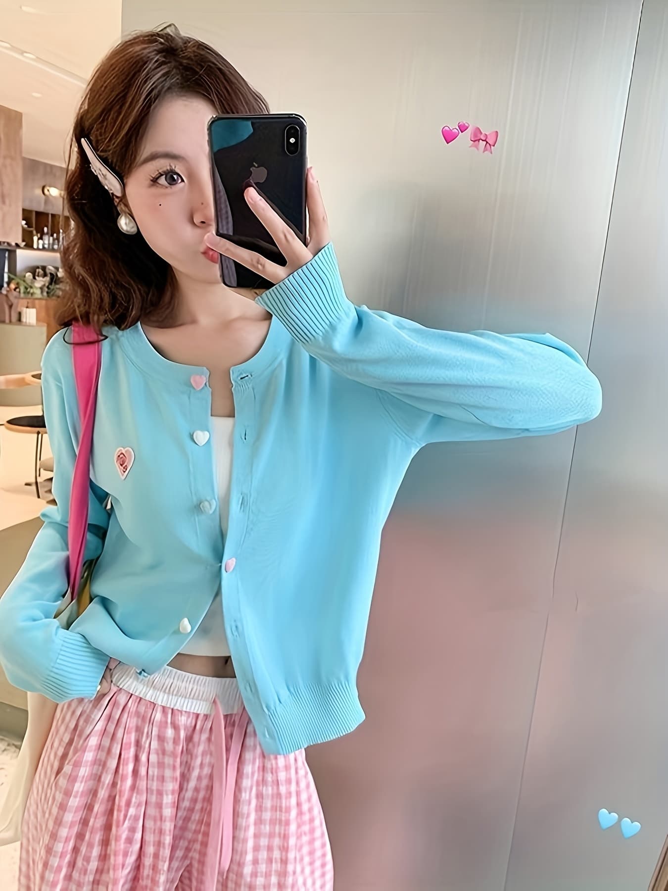 【全店30％OFF引き換え証があり】【ハート型刺しゅう】 ジレー レディース 春 秋 薄っぺら 編み物 トップス 羽織り ハート型名取り草 労働者の一団のど首 丸首 長袖 スウェーター 韓国流行り物 Y2K ドパミン 好いたらしい 着飾る パステル色の 点火装置青色 水色