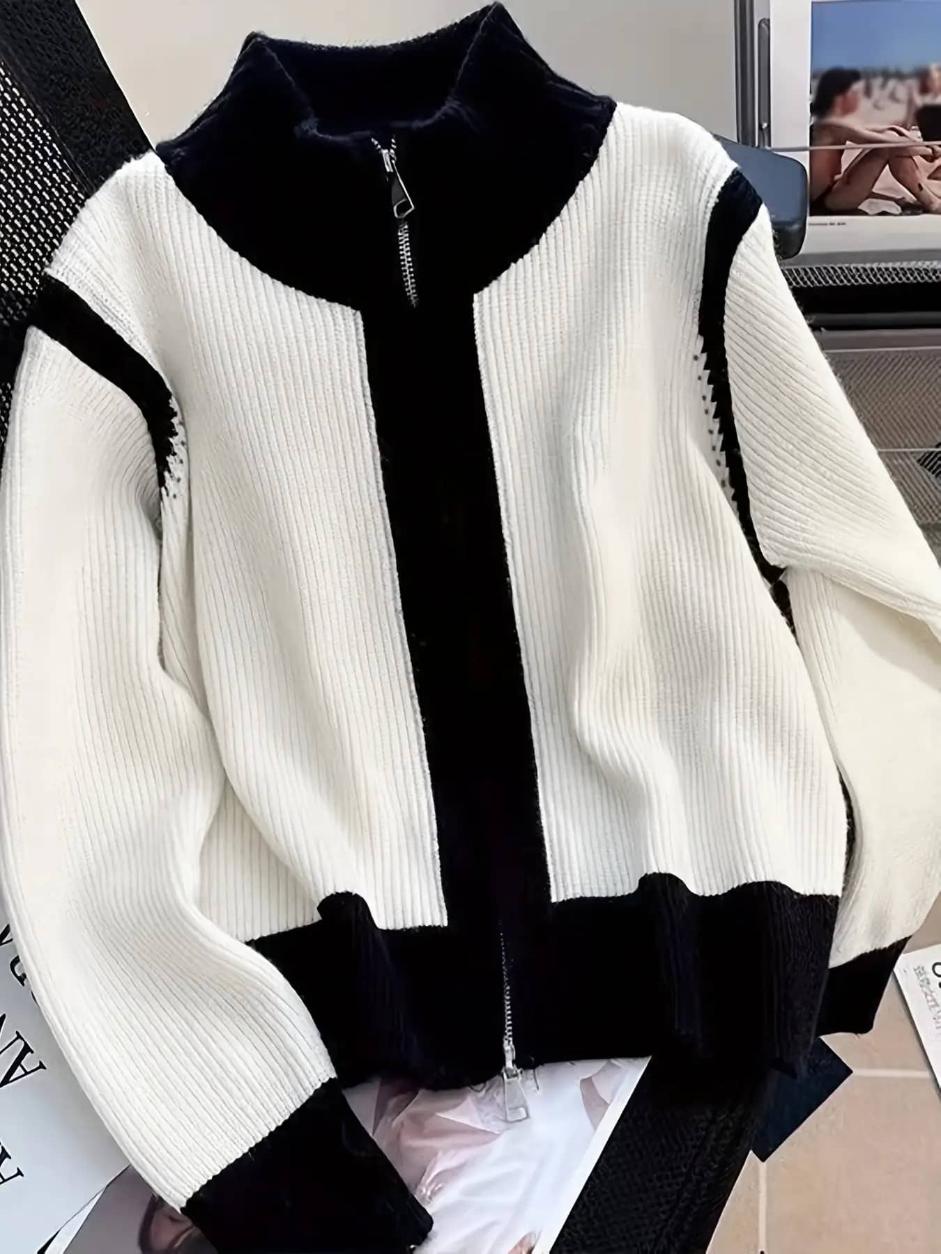 【全店30％OFF引き換え証があり】【色彩設計青写真】 編み物 ジレー レディース ジップアップ バイ色合い スウェーター トップス ハイネック 照明ランプ色合い ハーフジップ風 前食い違い 長袖 リブニット 生あたたかい 羽織り 編み物上衣 韓国 ファッシ