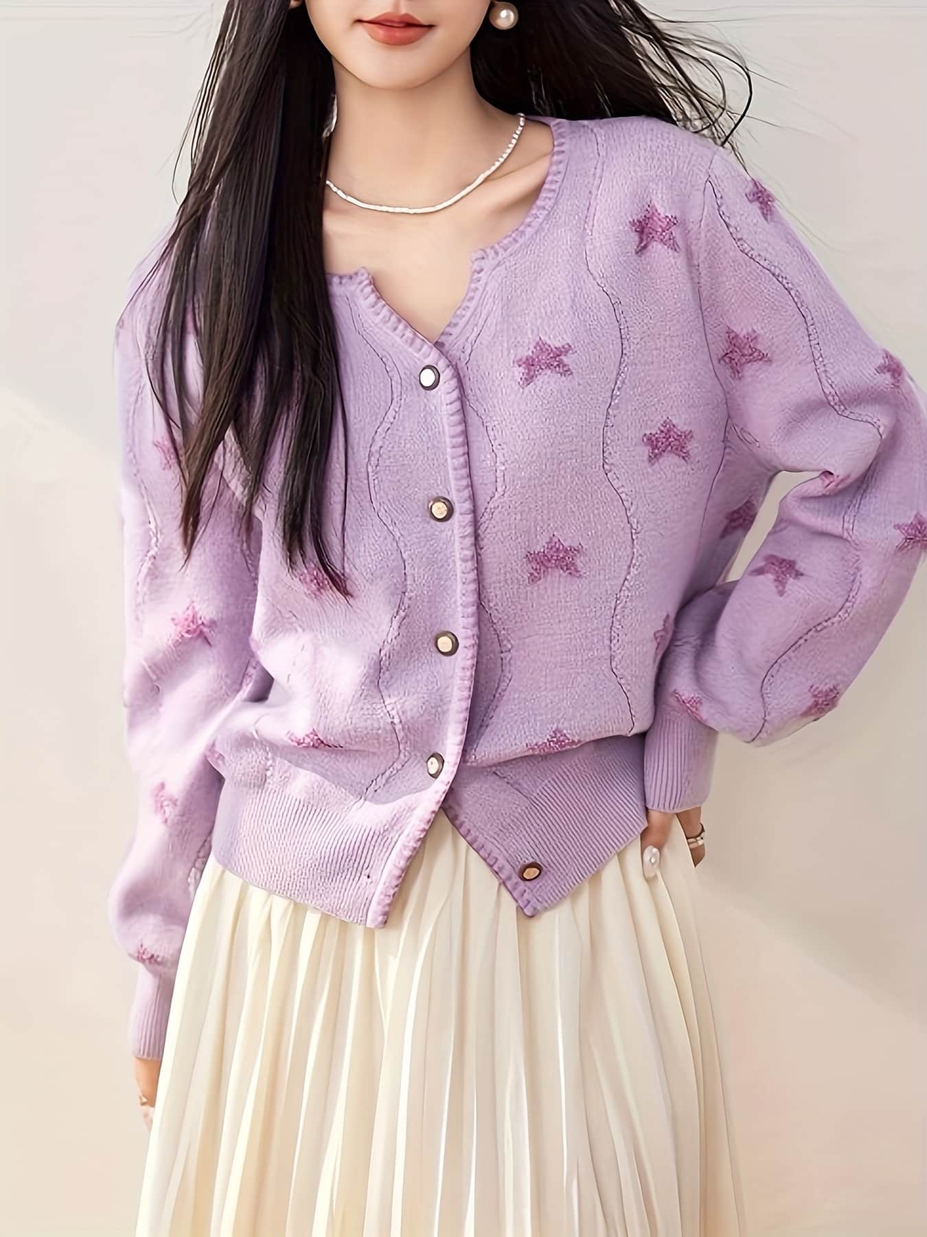 【全店30％OFF引き換え証があり】【成年者好いたらしい】 ジレー レディース 長袖 編み物 トップス Vのど首 星柄 刺しゅう 編み物ジレー スウェーター 前食い違い 羽織り 軽アウター はやりっ児 総柄 パステル色の ゆったり 体型押しかぶせる 二の腕押しかぶせる 着痩せ 細