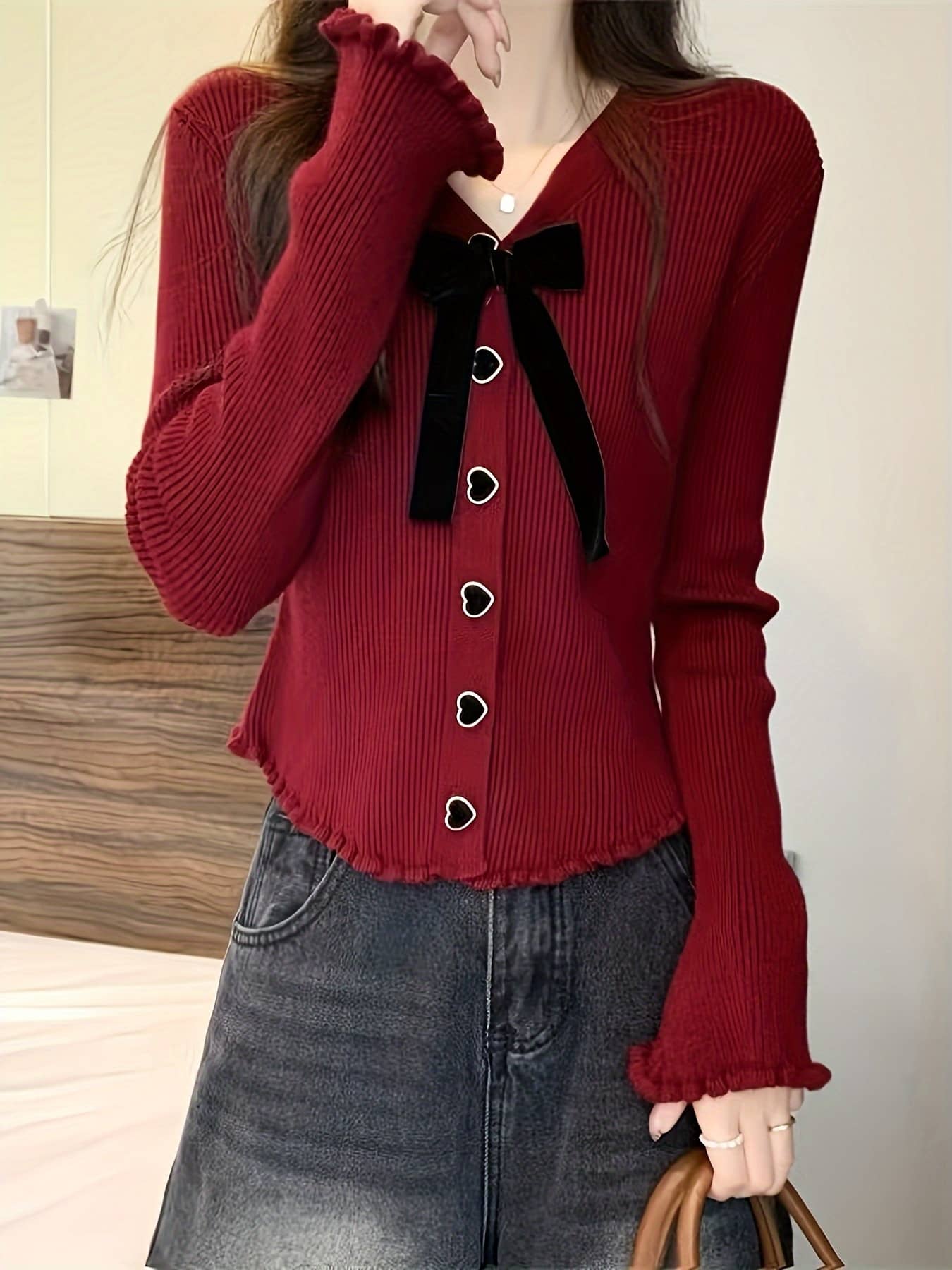 【全店30％OFF引き換え証があり】【シュロの葉付き添い人】 Ｖのど首 ジレー レディース 編み物 ハート型名取り草 リブニット トップス 長袖 スウェーター 羽織り 前食い違い きつい か細い 填まる 伸縮 伸ばすこと パステル色の メロウ フラウンス 成年者好いたらしい 好いたらしい