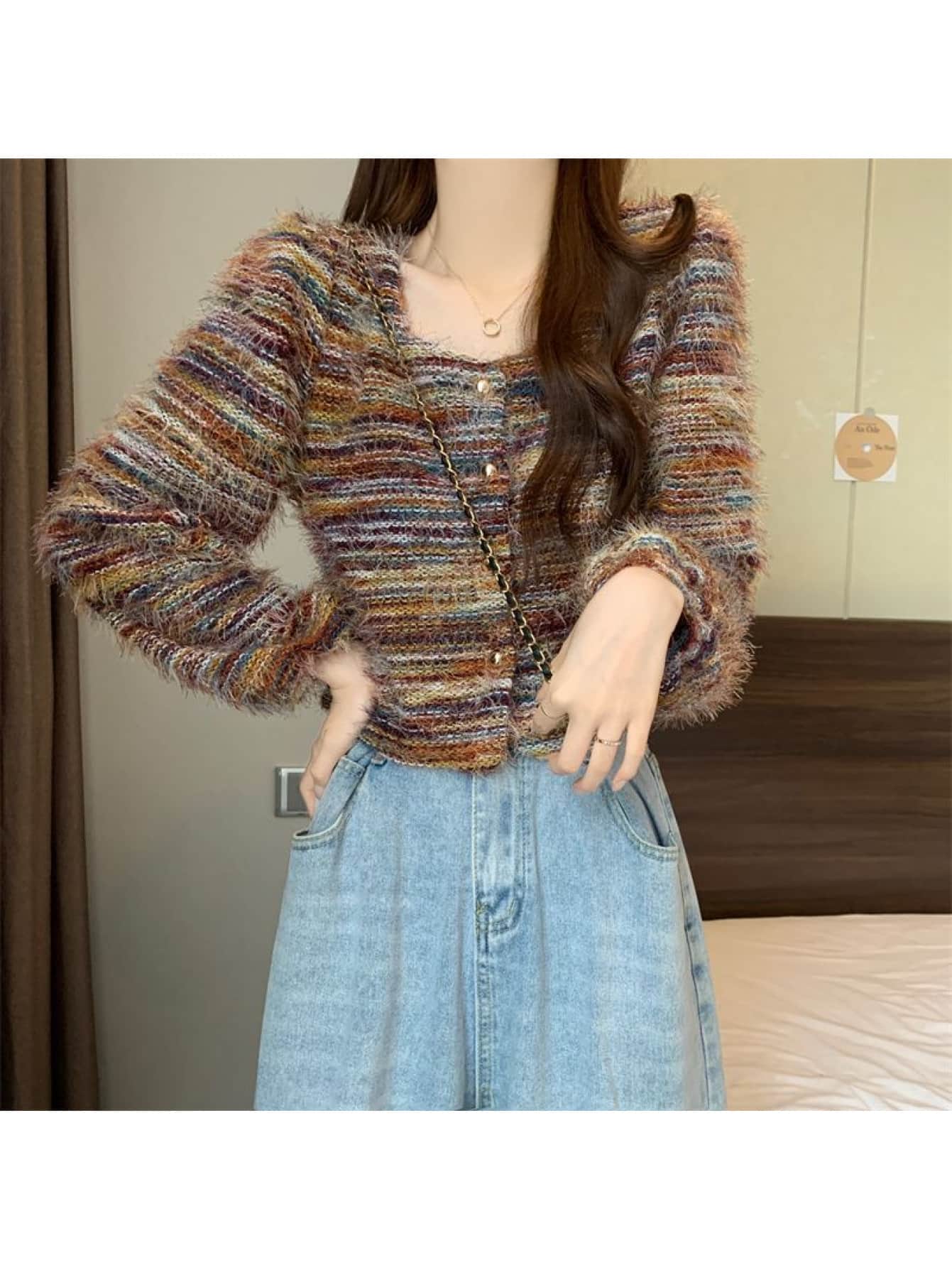 【全店30％OFF引き換え証があり】【レトロボーダー】 シャギーニット ジレー レディース 真四角のど首 間借り人柄 スウェーター 編み物 トップス 長袖 短丈 クロップド丈 羽織り 前食い違い もこもこ ふわふわ 鳥毛編み物 パステル色の 体型押しかぶせる