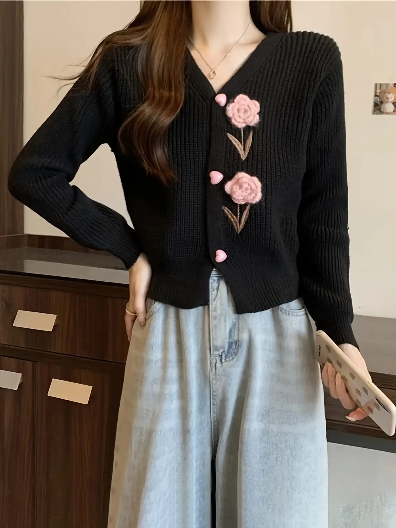 【全店30％OFF引き換え証があり】ジレー レディース 花柄 刺しゅう 編み物 Vのど首 トップス 羽織り 遊撃手丈 長袖 ハート型名取り草 立体 御花 クロシェ 編み レトロ 成年者好いたらしい 女子らしい 韓国流行り物 好いたらしいめ 体型押しかぶせる 着痩せ