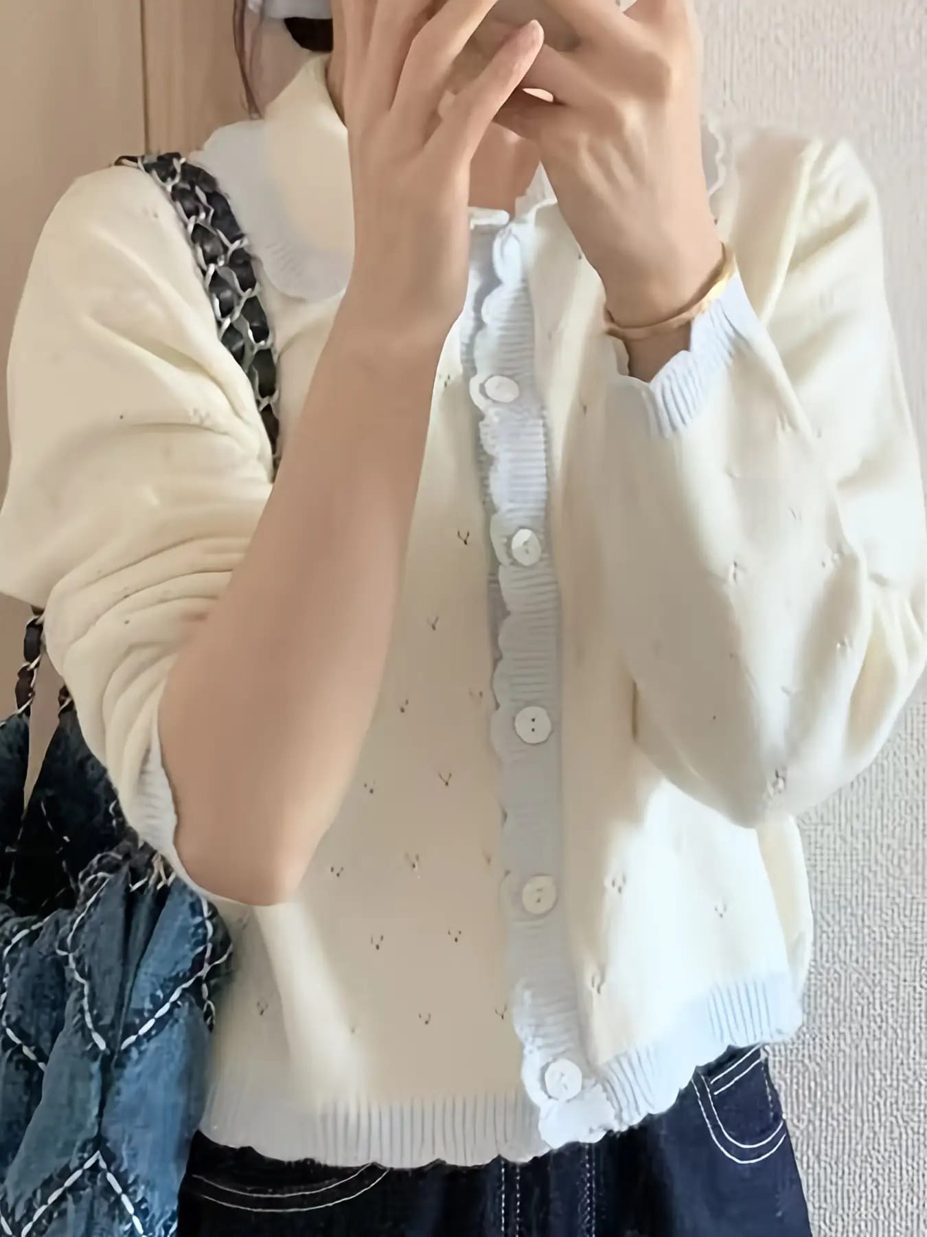 【全店30％OFF引き換え証があり】【成年者好いたらしい】ジレー レディース 編み物 トップス 羽織り 前食い違い フラウンス襟 襟付き添い人 透かし編み スカロップ スピード競技 清楚 女子らしい 韓国 秋冬 長袖 体型押しかぶせる 着痩せ 割れ易い押し出し 二の腕押しかぶせる パステル色の 伸