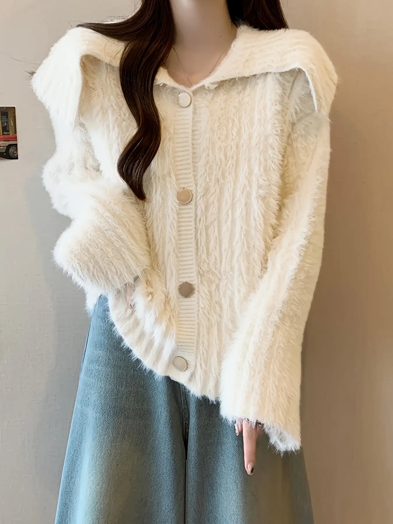 【全店30％OFF引き換え証があり】【襟付き添い人】シャギーニット ジレー レディース トップス スウェーター 羽織り 前食い違い 名取り草 襟 ビッグ色合い 長袖 無地 朦々たる ふわふわ もこもこ パステル色の ゆる編み物 体型押しかぶせる ゆったり 気が大きい大きさ 着痩せ