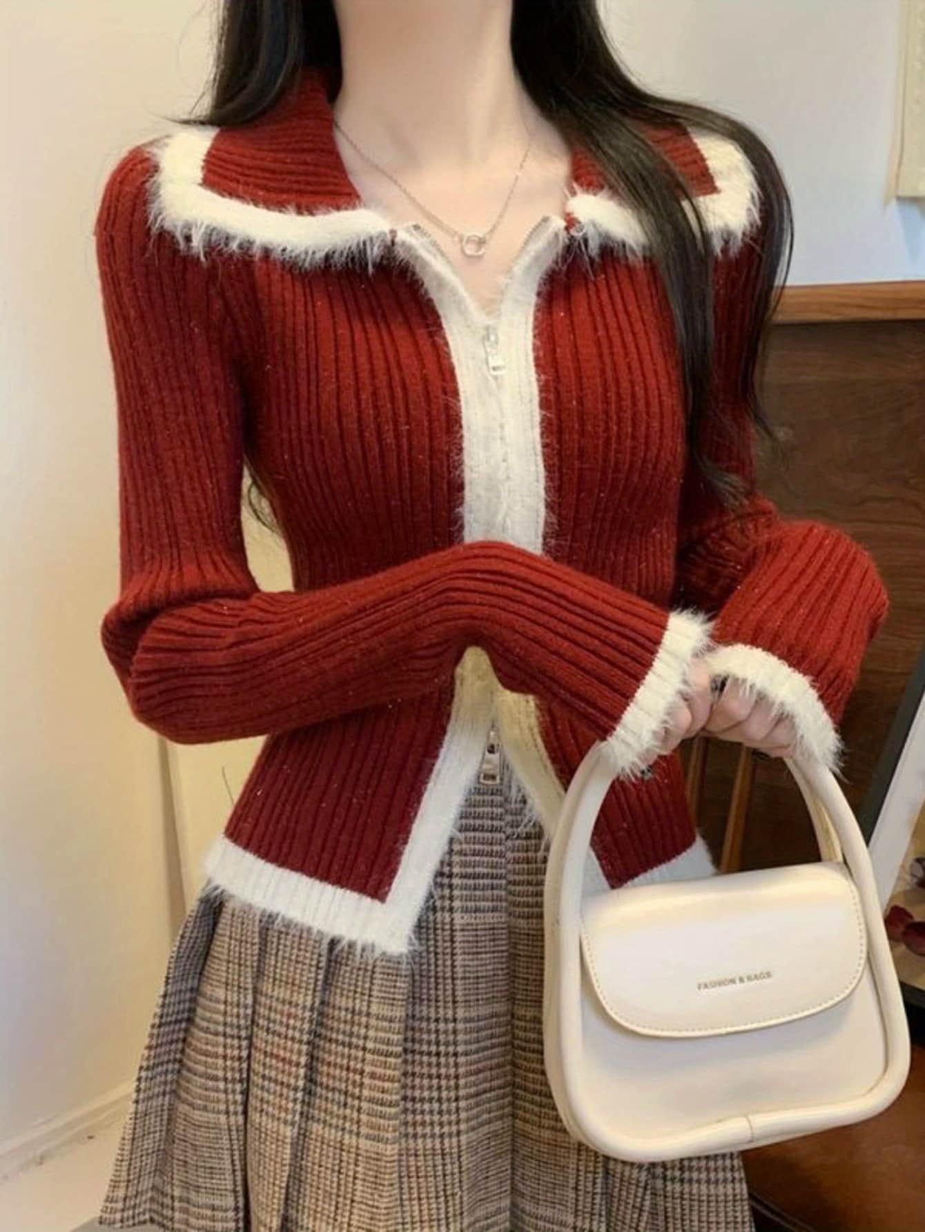 【全店30％OFF引き換え証があり】編み物 ジレー レディース ジップアップ シャギー 鳥毛 襟付き添い人 遊撃手丈 リブニット トップス スウェーター バイ色合い 羽織り 前食い違い 長袖 か細い きつい 細押し出し 着痩せ 体型押しかぶせる 韓国風 レトロ 大