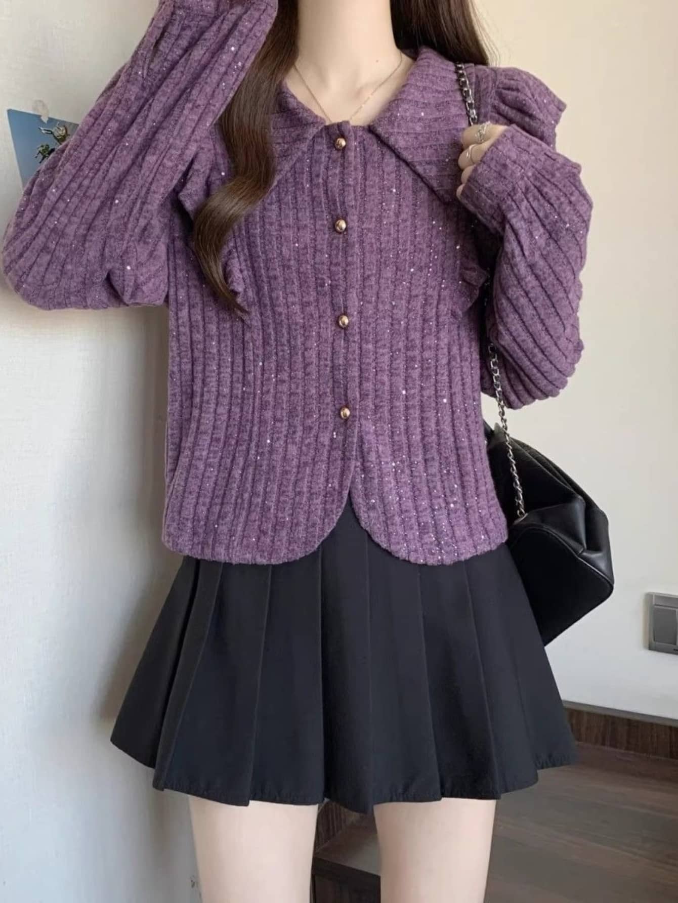 【全店30％OFF引き換え証があり】トップ レディース 長袖 フラウンス 襟付き添い人 編み物 トップス パープル 紫 ラメ キラキラ 前食い違い 名取り草 リブニット スウェーター ジレー風 好いたらしいめ 心地よい 成年者好いたらしい 体型押しかぶせる 着痩せ 細押し出し 春 秋
