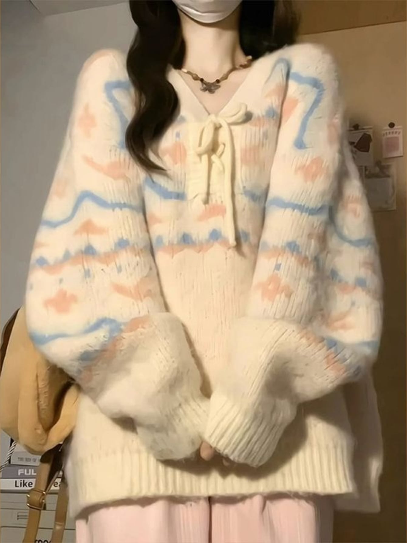 【全店30％OFF引き換え証があり】【シュロの葉付】編み物 スウェーター レディース トップス 総柄 幾何学学 ヴィンテージ風 レトロ 秋 冬 春 生あたたかい パステル色の モヘヤ触れ合う ふわふわ ゆったり 厚地の外套大きさ ビッグ影ぼうし 体型押しかぶせる 着痩せ 二の腕カ