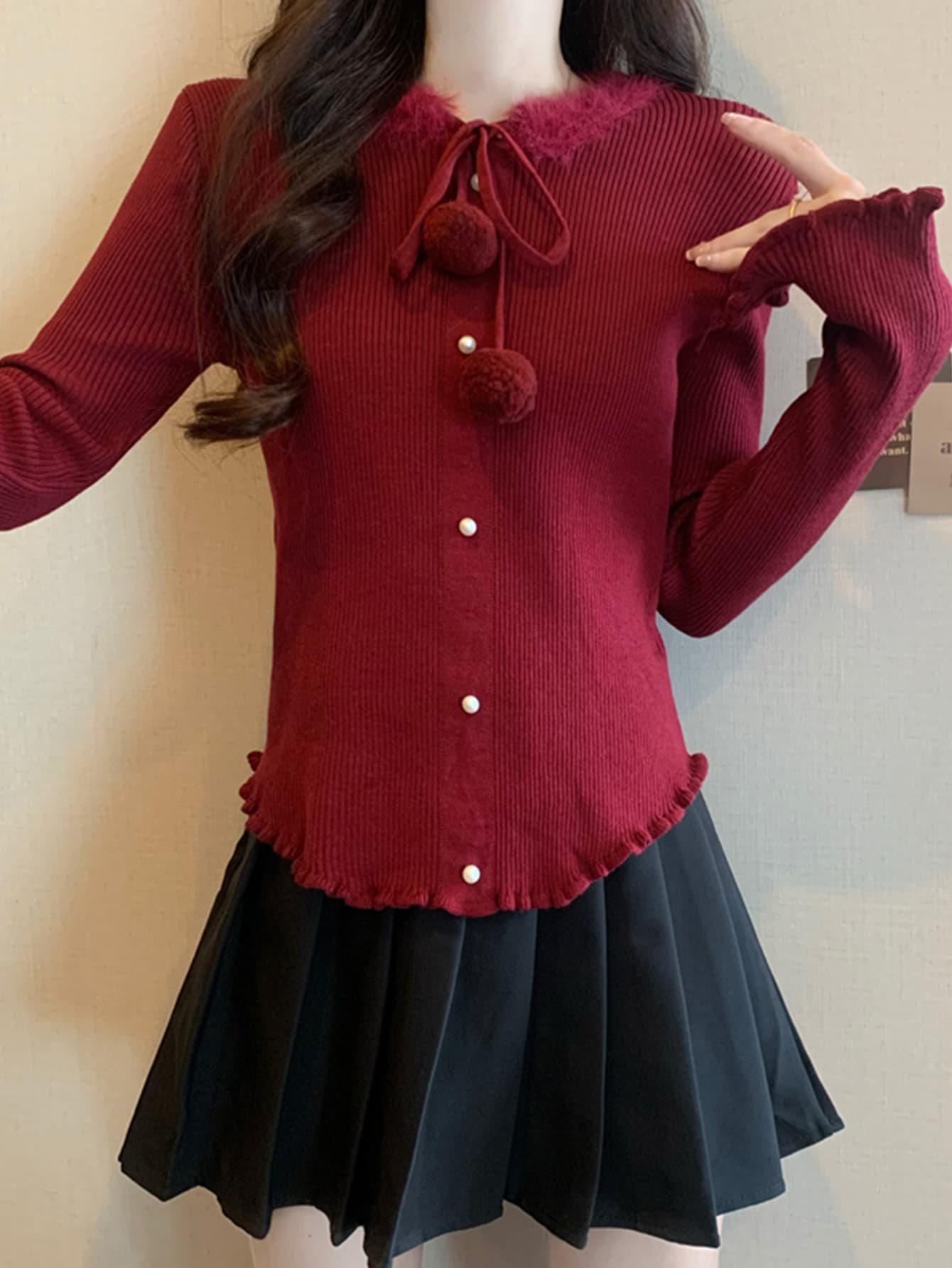 【全店30％OFF引き換え証があり】【成年者好いたらしい】 編み物 トップス レディース フェイクファー 襟付き添い人 ポンポン シュロの葉 パール 名取り草 リブニット 長袖 スウェーター カットソー きつい か細い 填まる 伸ばすこと フラウンス 裾毛皮 生あたたかい あったか
