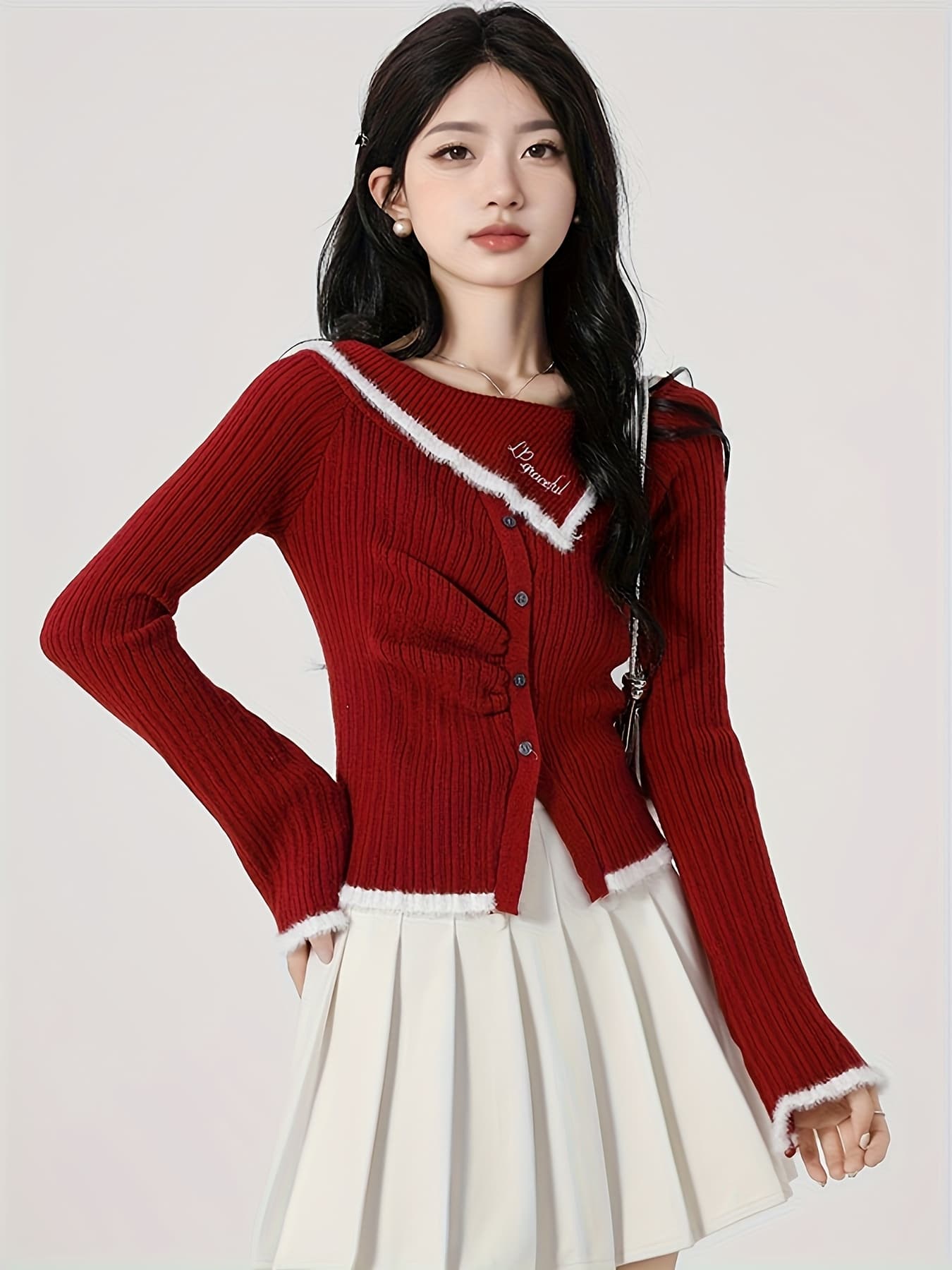 【全店30％OFF引き換え証があり】編み物 ジレー レディース トップス スウェーター 長袖 オフショルダー風 非対称 襟付き添い人 リブニット ボア 毛皮 色彩設計 うつり変わり 仕掛地雷系 量産型 韓国風 成年者好いたらしい 艶っぽい 着痩せ 細押し出し 小顔成り行き