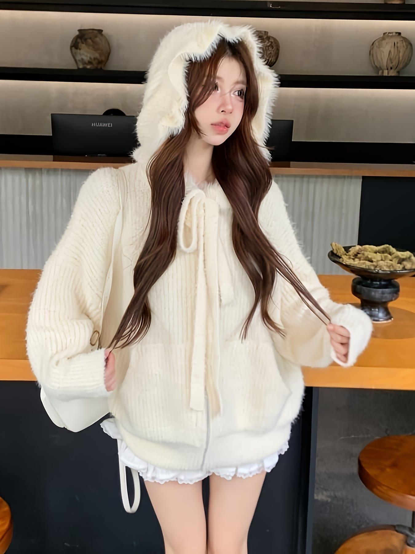 【全店30％OFFクーポンがあり】【大人可愛い】パーカー レディース ニット カーディガン ジップアップ フード付き アウター ジャケット ボア ファー もこもこ リブニット ビッグシルエット オーバーサイズ ゆったり 体型カバー 着痩せ 暖かい 防｜大森麗萱