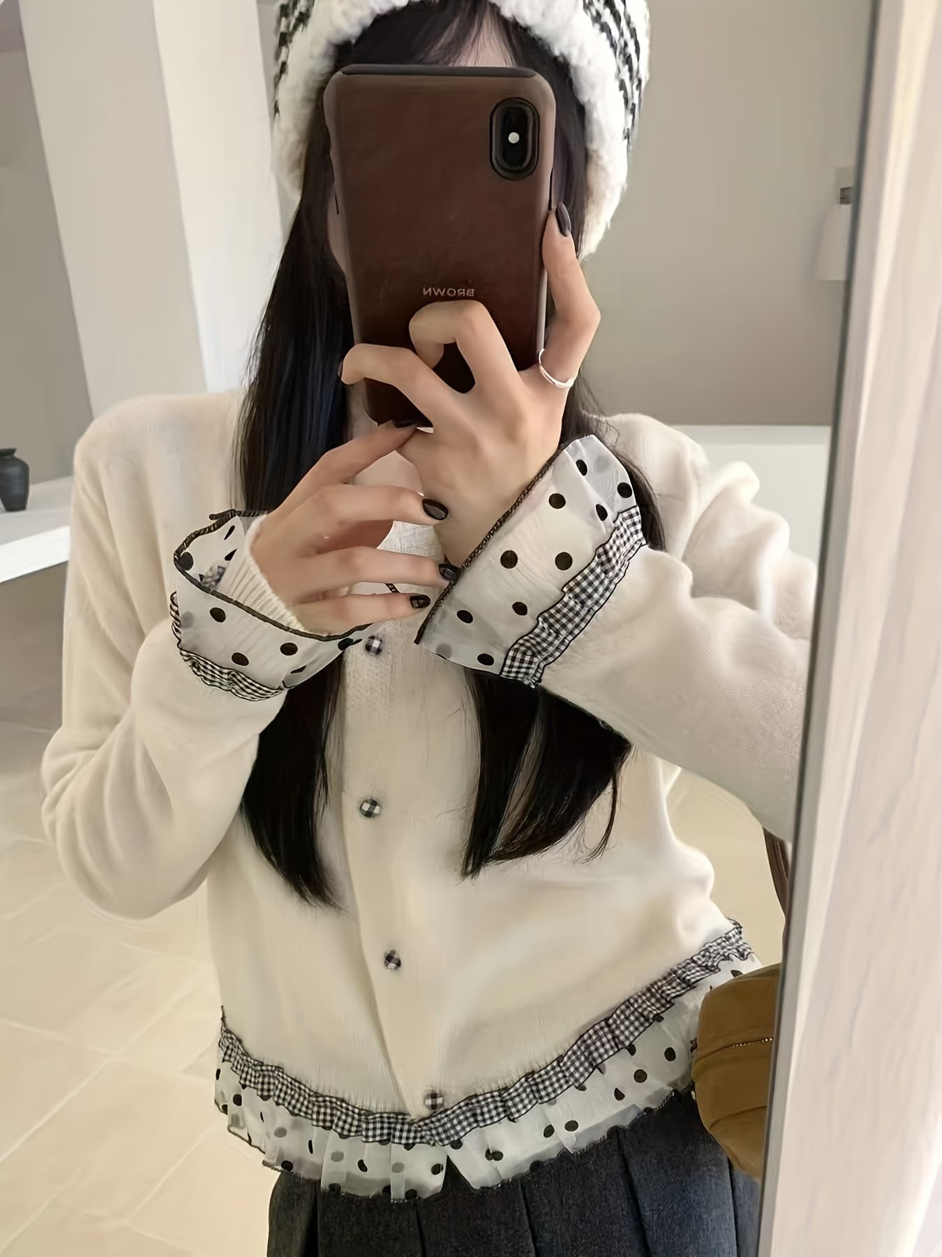 【全店30％OFF引き換え証があり】【成年者好いたらしい】ジレー レディース 編み物 スウェーター トップス 点点柄 読み合わせる柄 うつり変わり 重ね着風 スピード競技 裾フラウンス 袖フラウンス 労働者の一団のど首 丸首 長袖 生あたたかい ゆったり 気が大きい大きさ 体型押しかぶせる 着痩せ