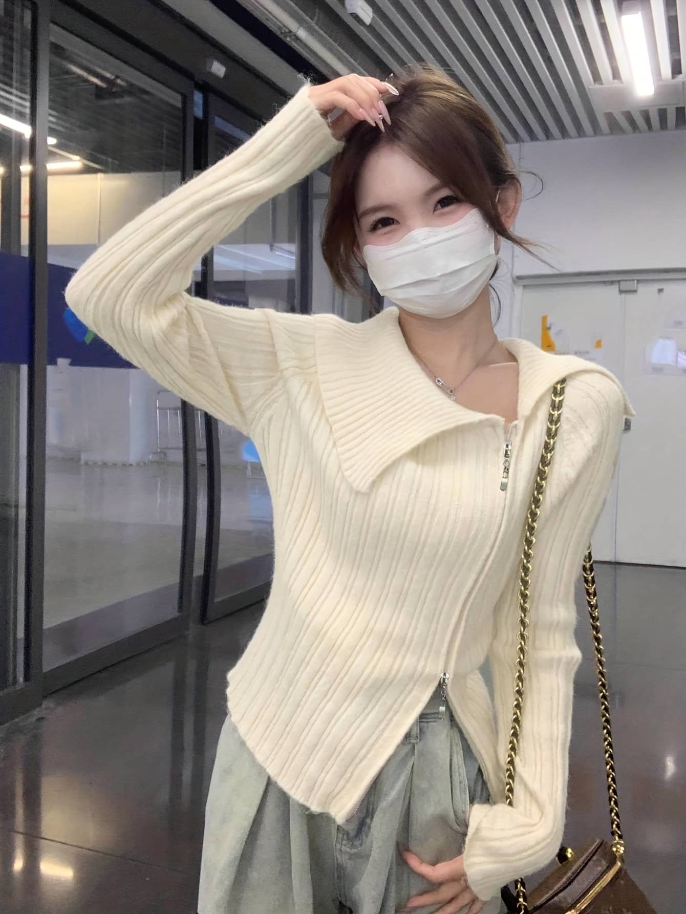 【全店30％OFF引き換え証があり】【Wジップで旬顔】 編み物ジレー レディース リブニット スウェーター トップス 襟付き添い人 ビッグ色合い ダブルジップ ジップアップ 羽織り アウター 韓国風 好いたらしいめ 成年者好いたらしい 割れ易い押し出し 着痩せ 細押し出し 伸縮 ス