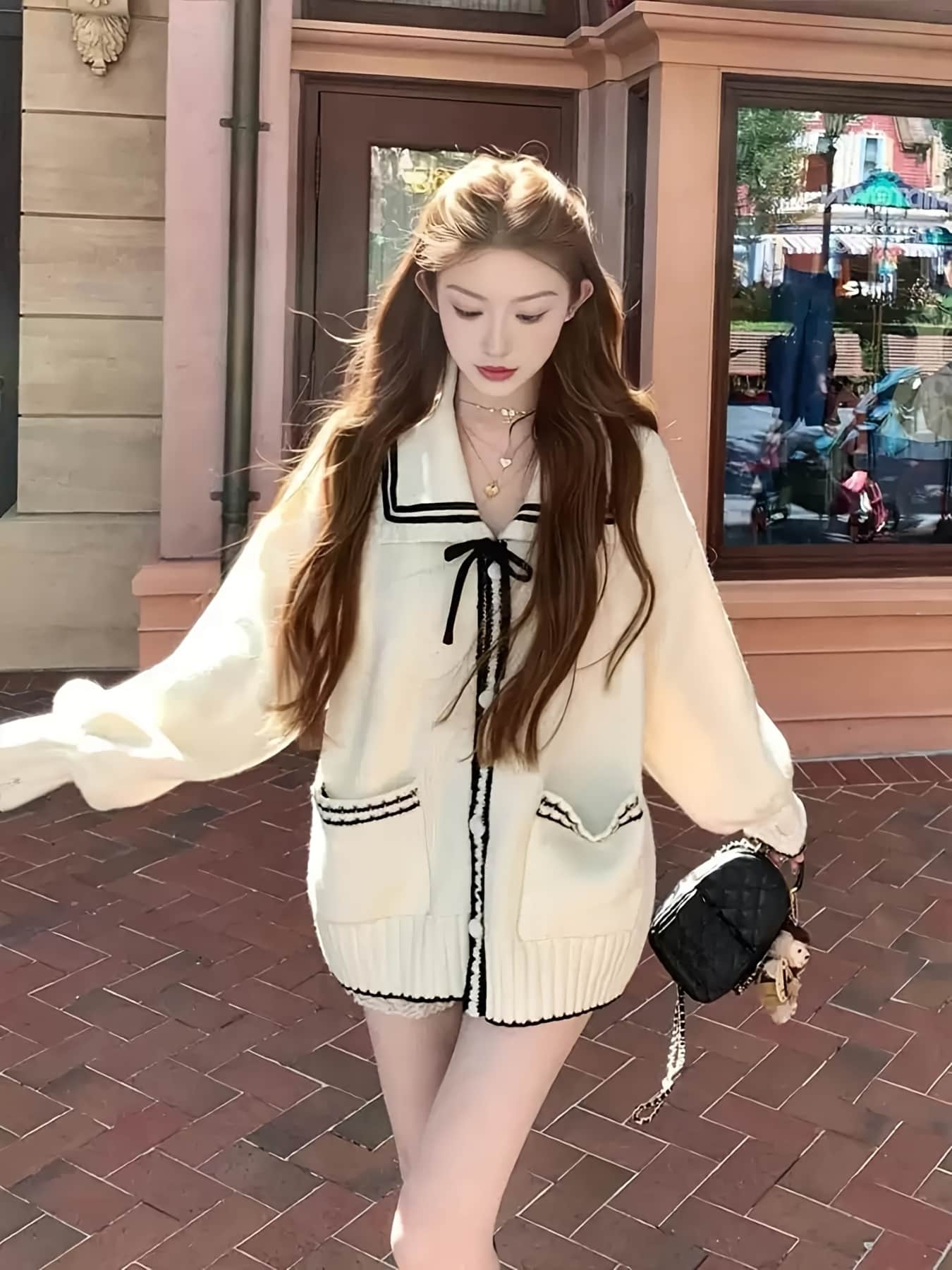 【全店30％OFF引き換え証があり】【バイ色合い】編み物 ジレー レディース 乗り組み員襟 襟付き添い人 羽織り トップス 色彩設計 パイピング シュロの葉 前食い違い 長袖 スウェーター ニットカーデ 事務服 学校 授業時間 ユニフォーム風 韓国 ゆる たわい無い 大きめ ビッグ