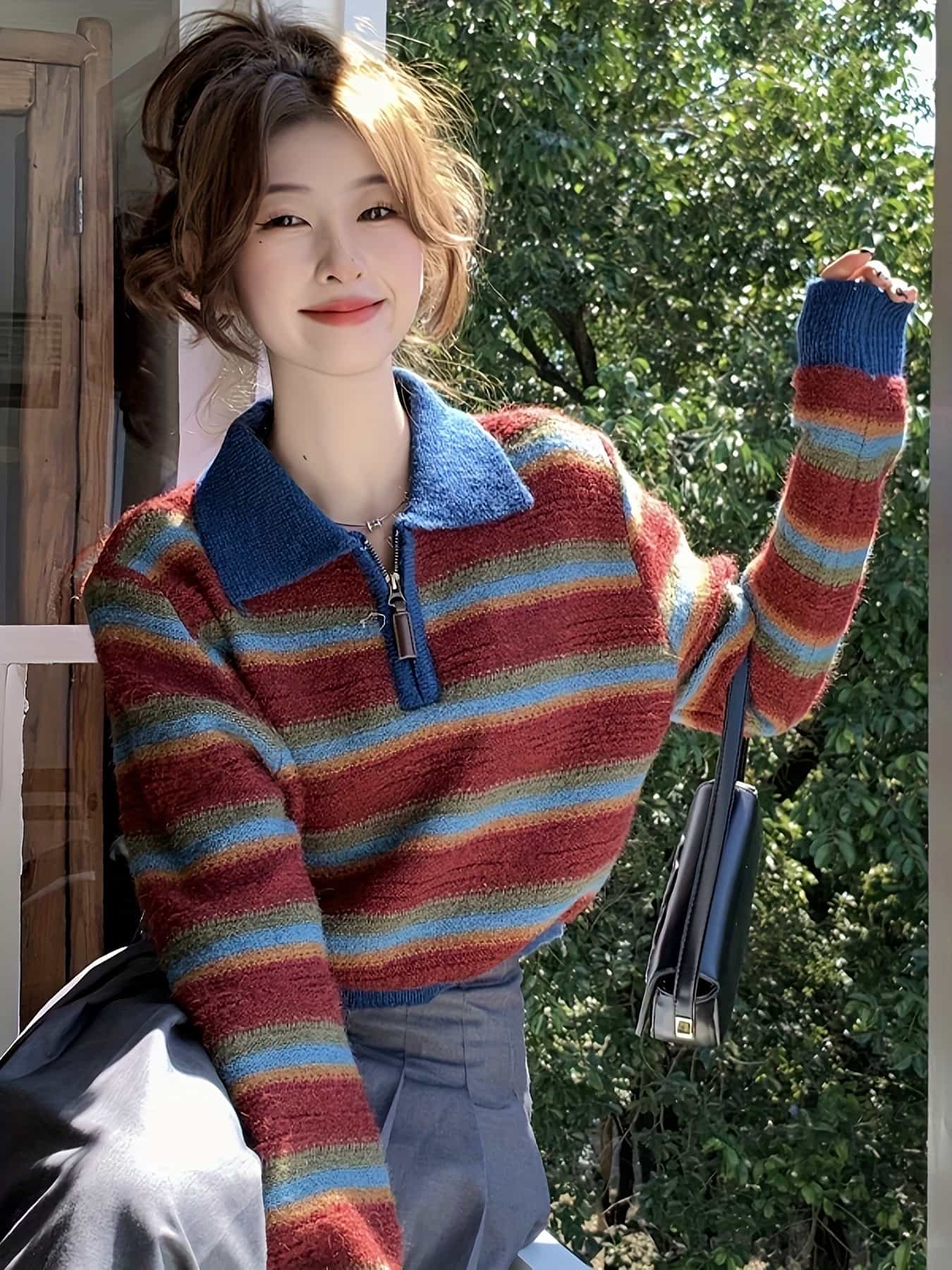【全店30％OFF引き換え証があり】【ハーフジップ】ポロ編み物 スウェーター レディース 間借り人柄 マルチ間借り人 襟付き添い人 トップス 襟付編み物 ジップアップ ティーシャツ 長袖 カットソー たわい無い レトロ アメカジ ヴィンテージ風 古着風 心地よい