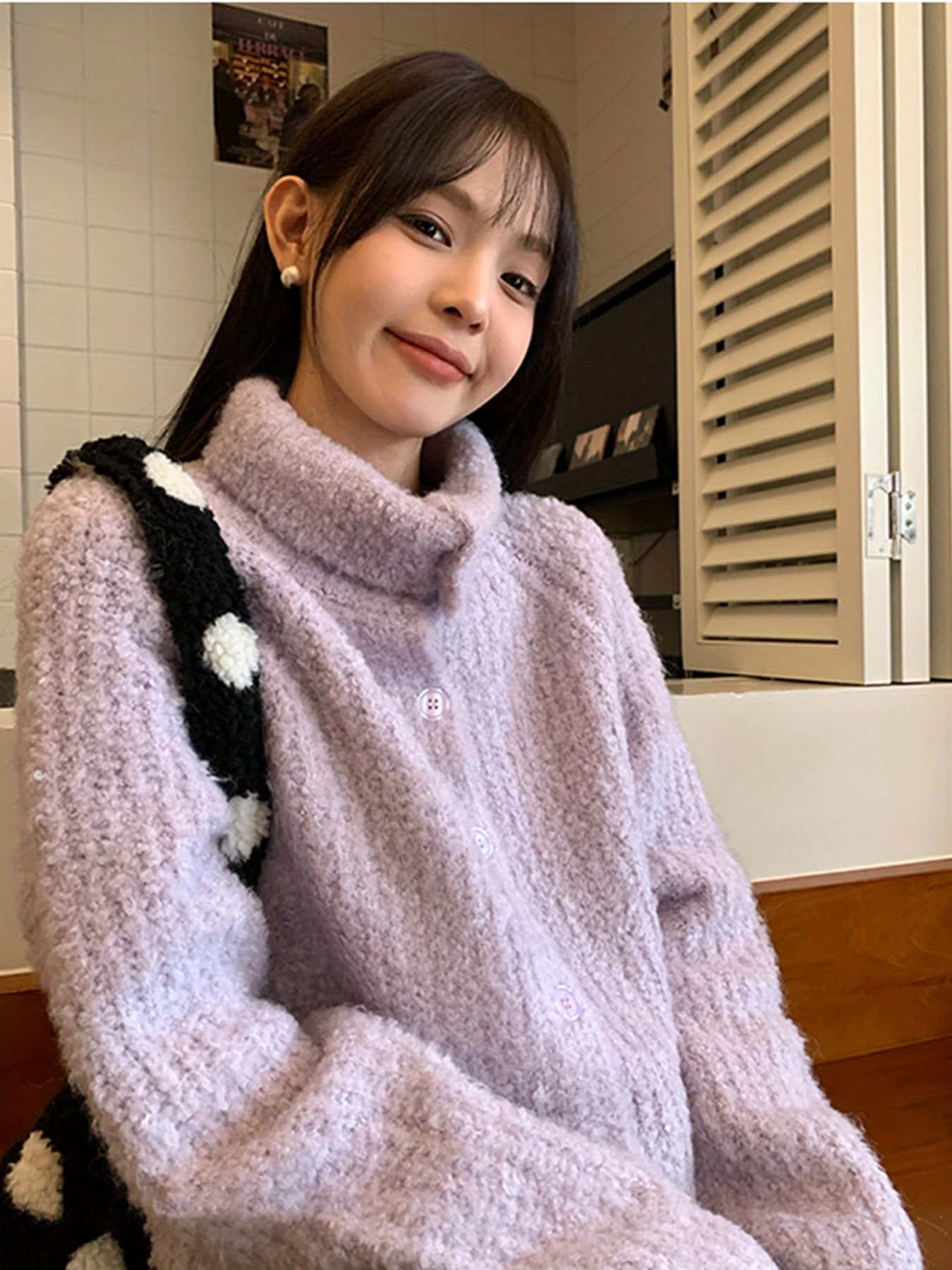 【全店30％OFFクーポン券があり】【小顔成り行き】ニットセーターレディースハイネックボトルネックカーディガン韓国流行り物秋冬長袖トップス羽織り前車のドア朦々たるもこもこ生あたたかいパープル紫好いたらしい20代30代40代教え子通学御部屋着体型覆いかぶせる着痩せ細押し出しゆる編み物翰林院