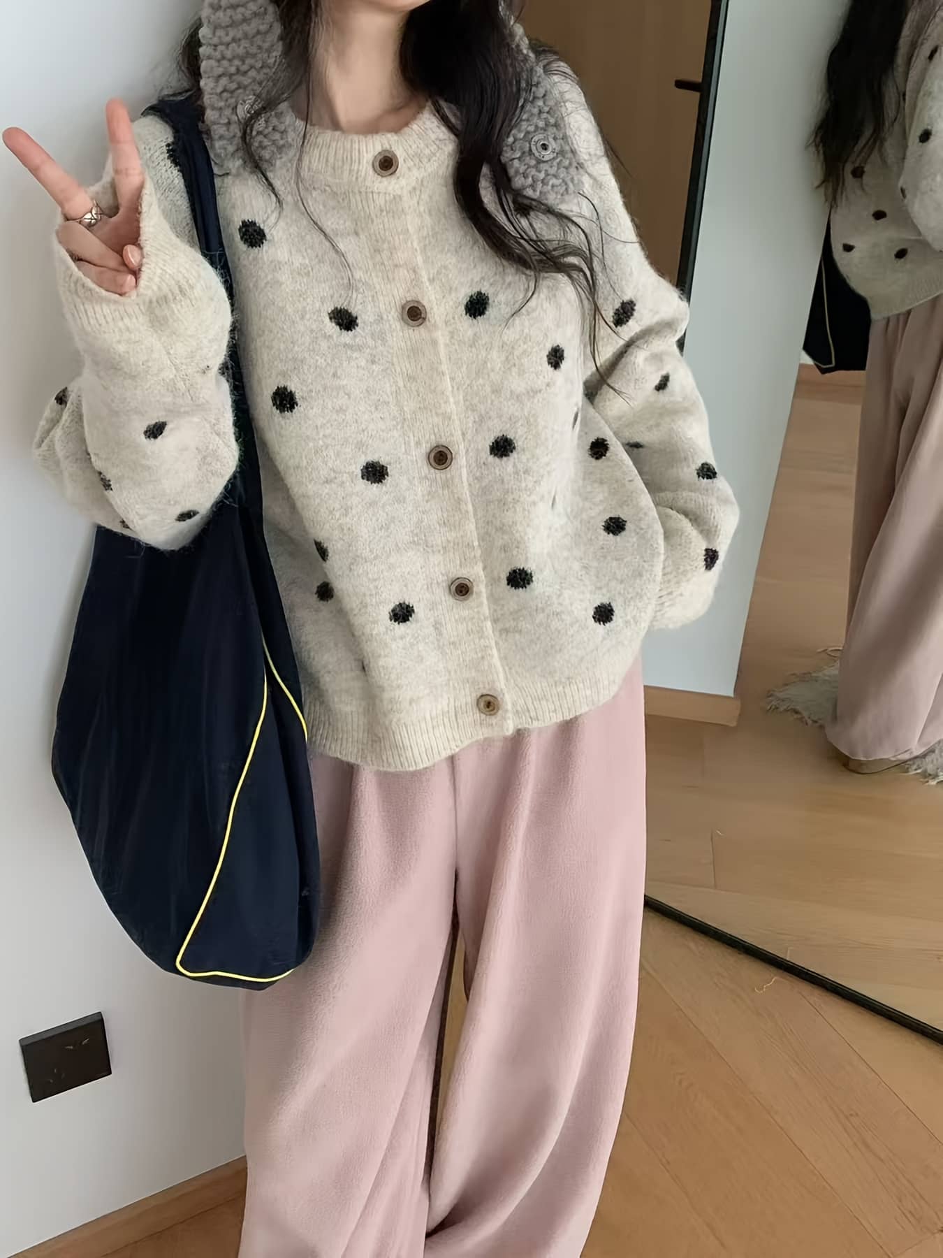 【全店30％OFF引き換え証があり】【点点柄】ジレー レディース 編み物 スウェーター 丸首 労働者の一団のど首 羽織り 前食い違い トップス 長袖 水玉 総柄 ゆったり 厚地の外套大きさ ビッグ影ぼうし 落っこちる肩部 体型押しかぶせる 割れ易い押し出し 着痩せ 柔
