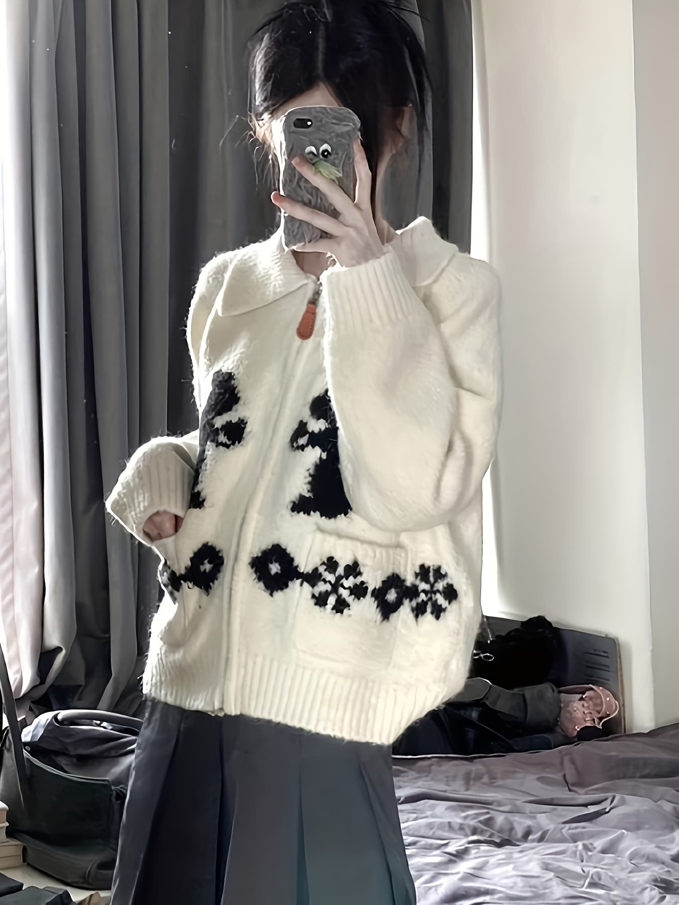 【全店30％OFF引き換え証があり】【うさぎ柄】 ジレー レディース ジップアップ 編み物 襟付き添い人 家兎 ジャかばい立て スウェーター 長袖 アウター 羽織り トップス ゆったり 厚地の外套大きさ ビッグ影ぼうし 体型押しかぶせる 着痩せ もっちり パステル色の